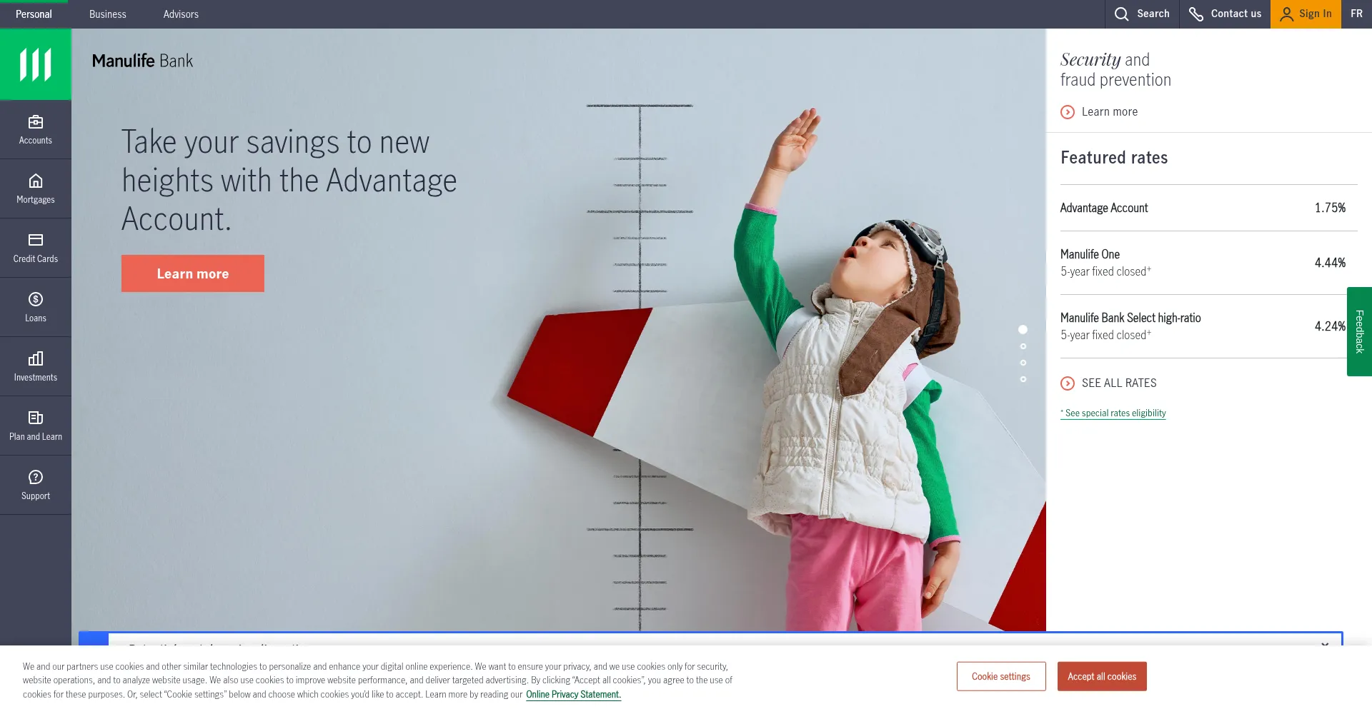 Website screenshot of Manulifebank.ca