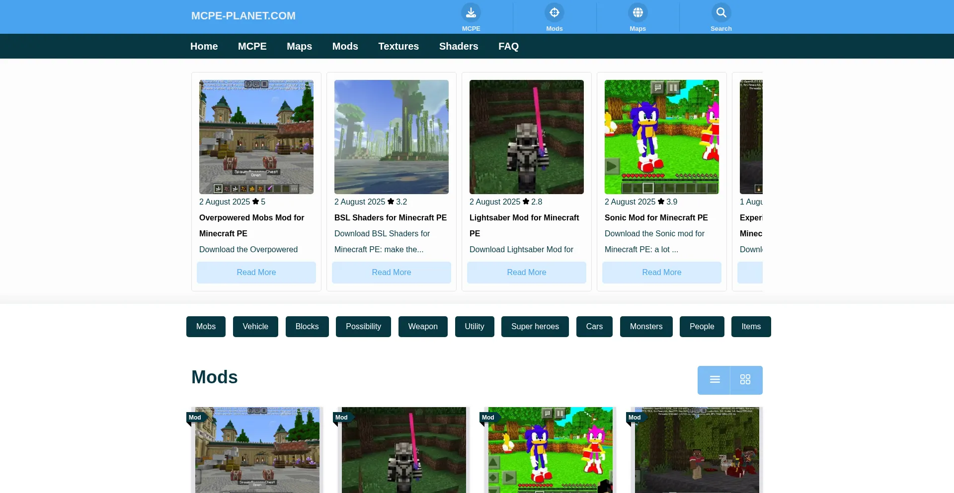 Website screenshot of Mcpe-planet.com