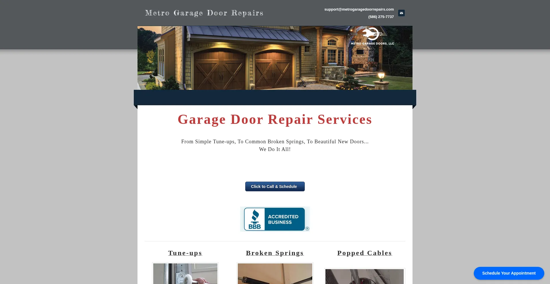 Website screenshot of Metrogaragedoorrepairs.com