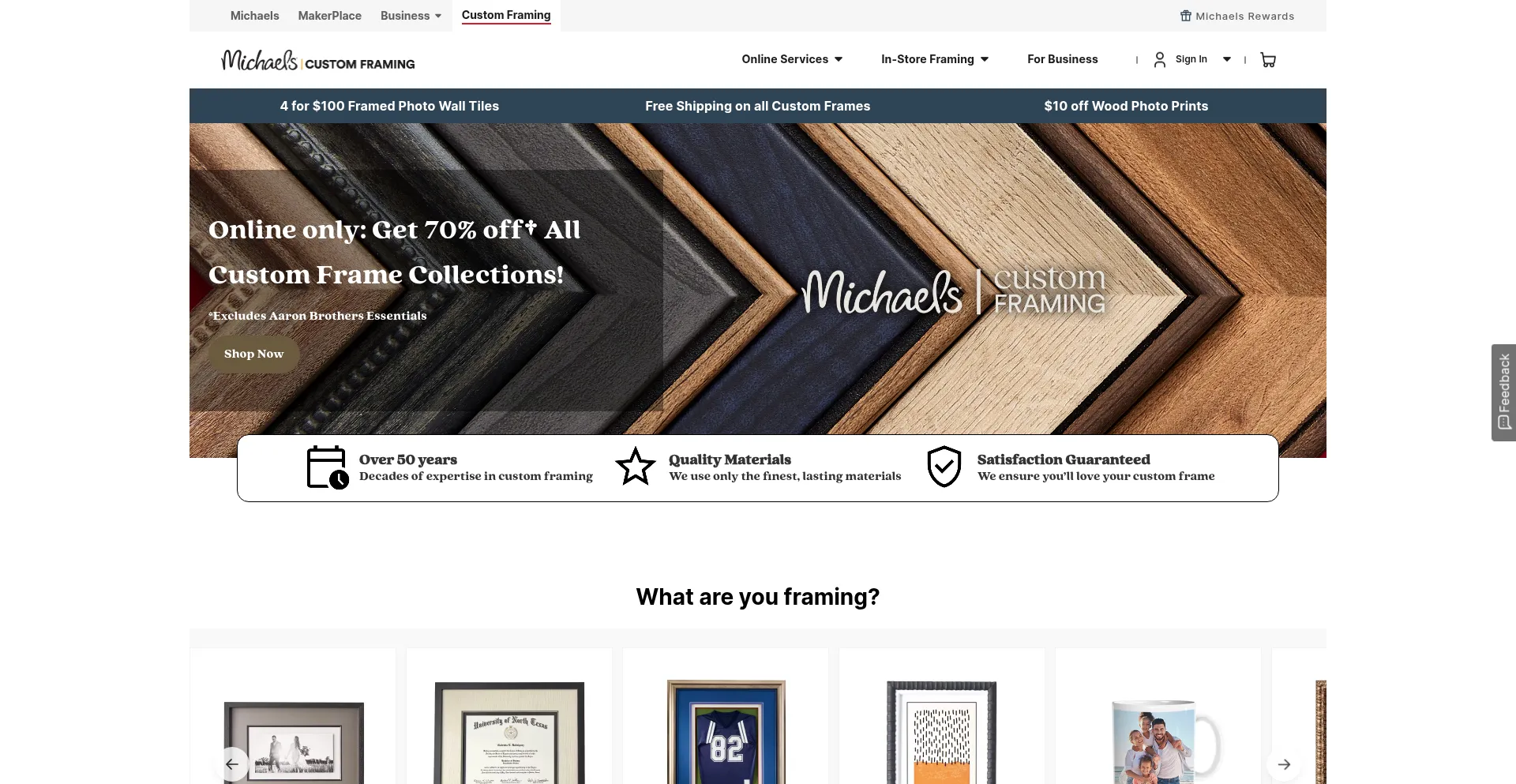 Website screenshot of Michaelscustomframing.com