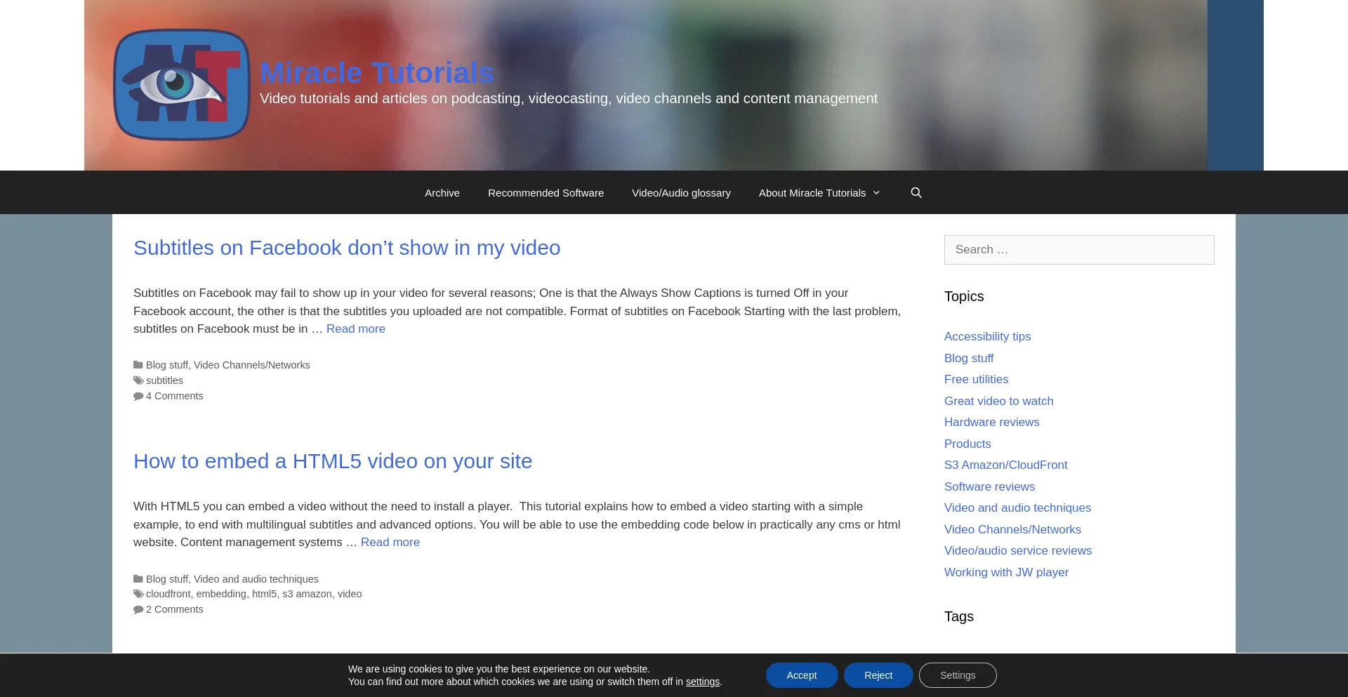 Website screenshot of Miracletutorials.com