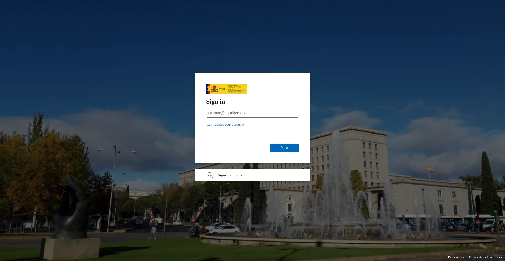 Website screenshot of Miteco-my.sharepoint.com
