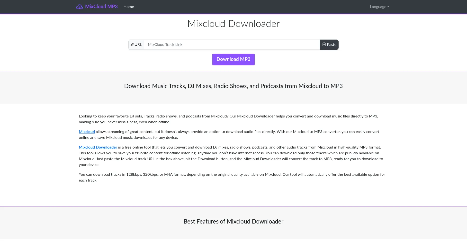 Website screenshot of Mixcloudmp3.com