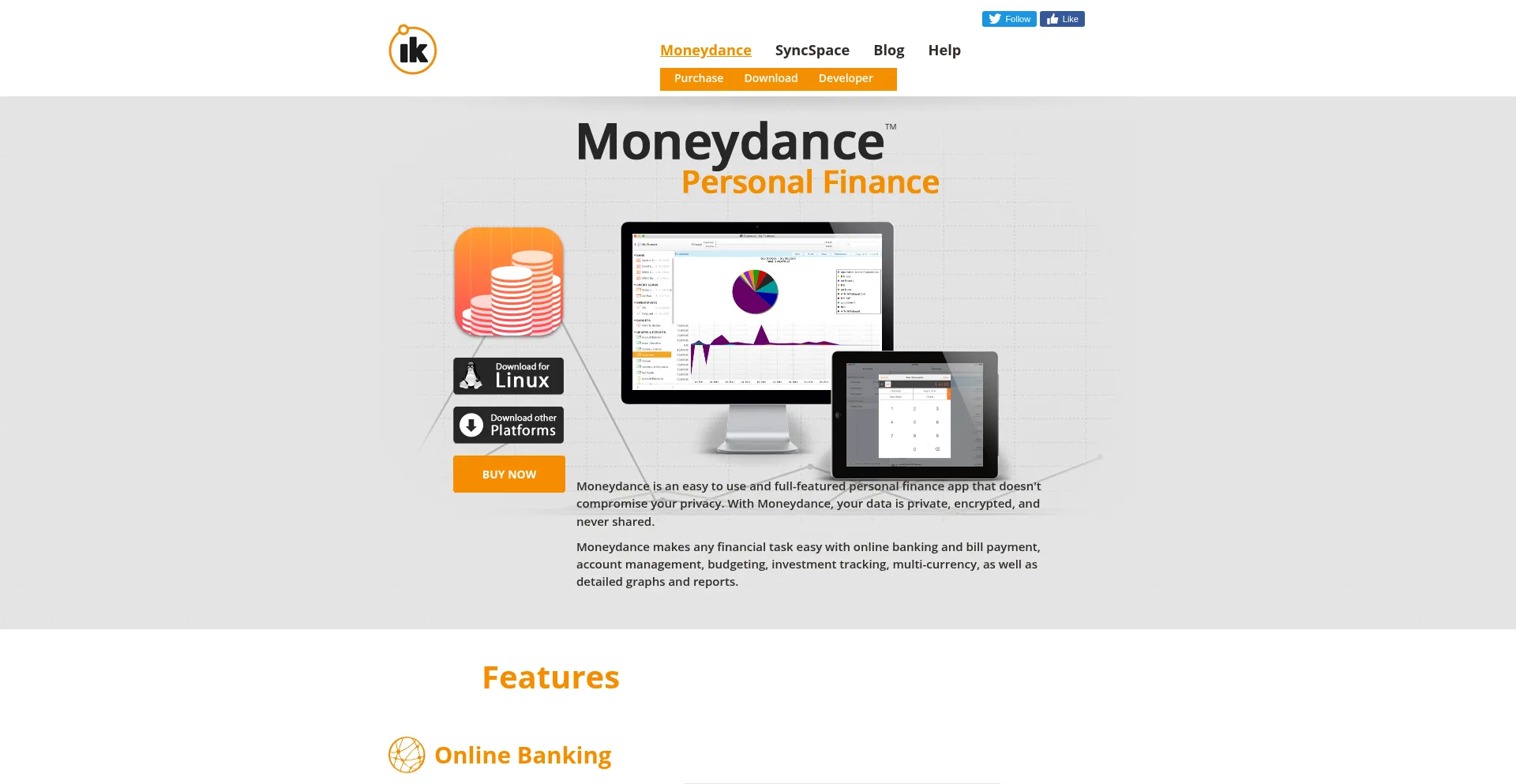Website screenshot of Moneydance.com
