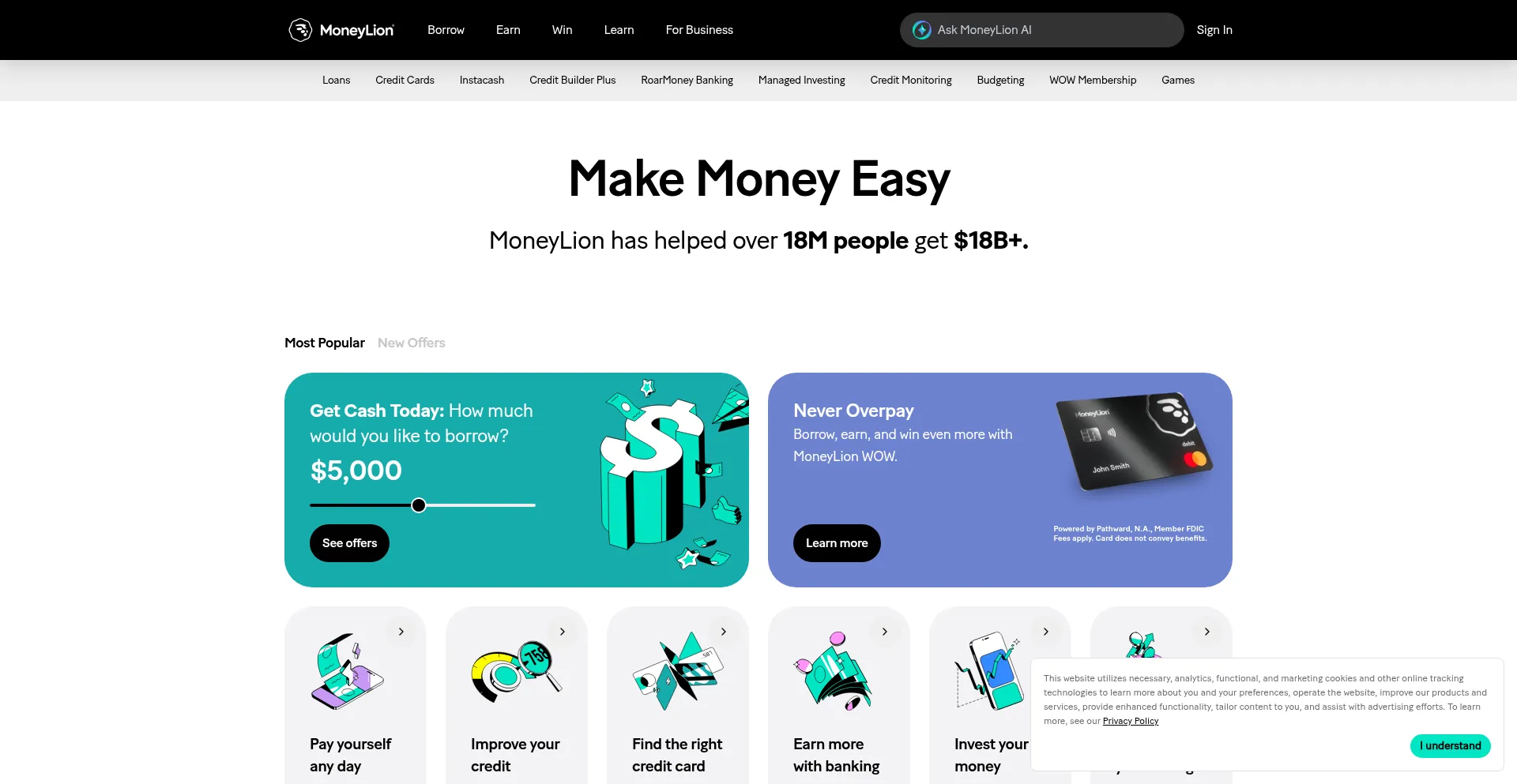 Website screenshot of Moneylion.com