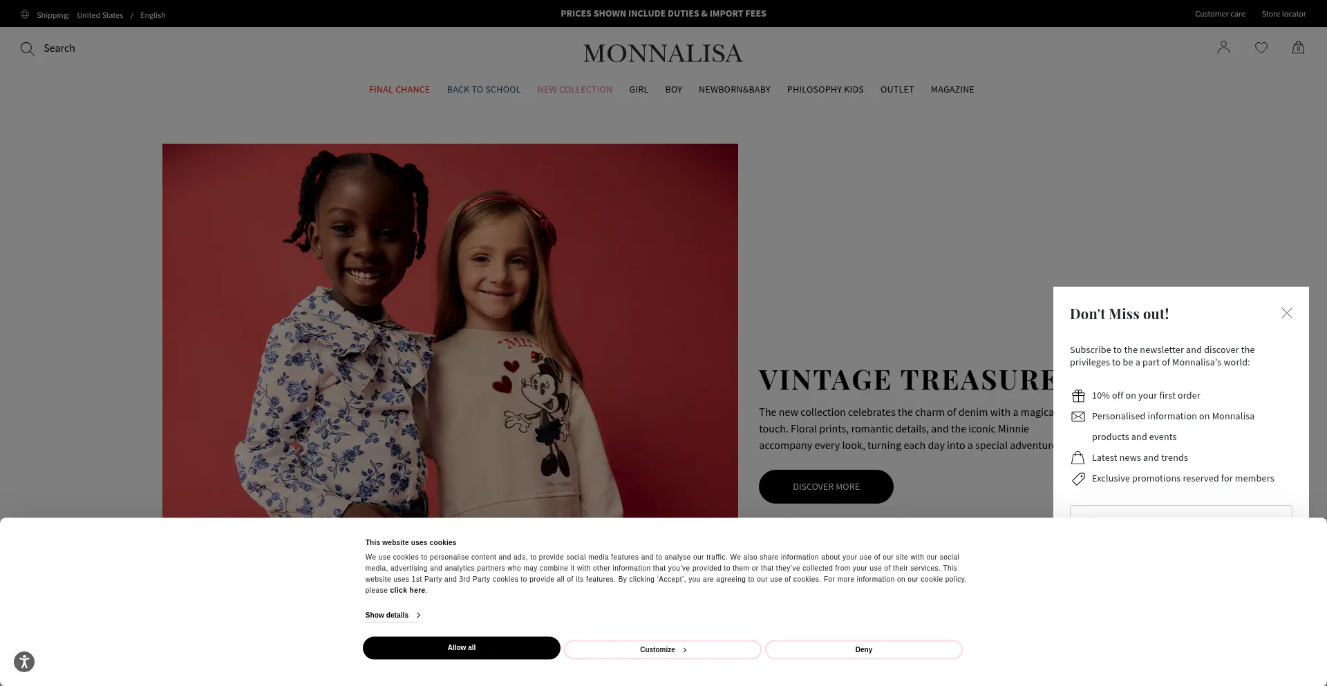 Website screenshot of Monnalisa.com