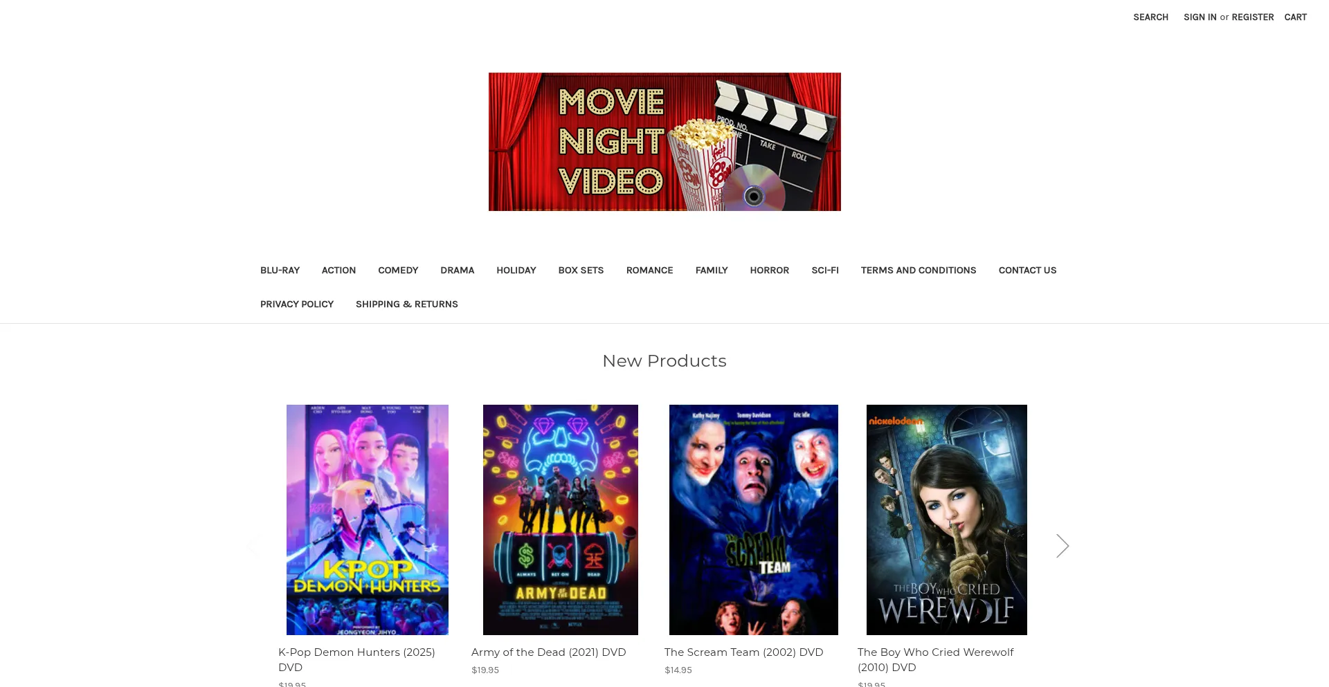 Website screenshot of Movienightvideo.com