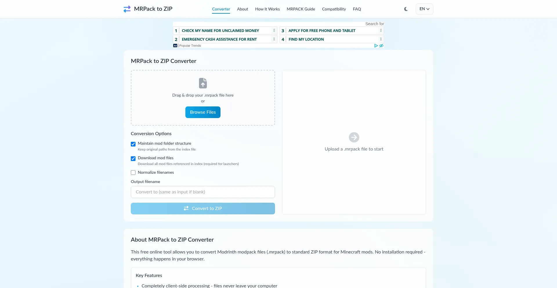 Website screenshot of Mrpacktozip.com
