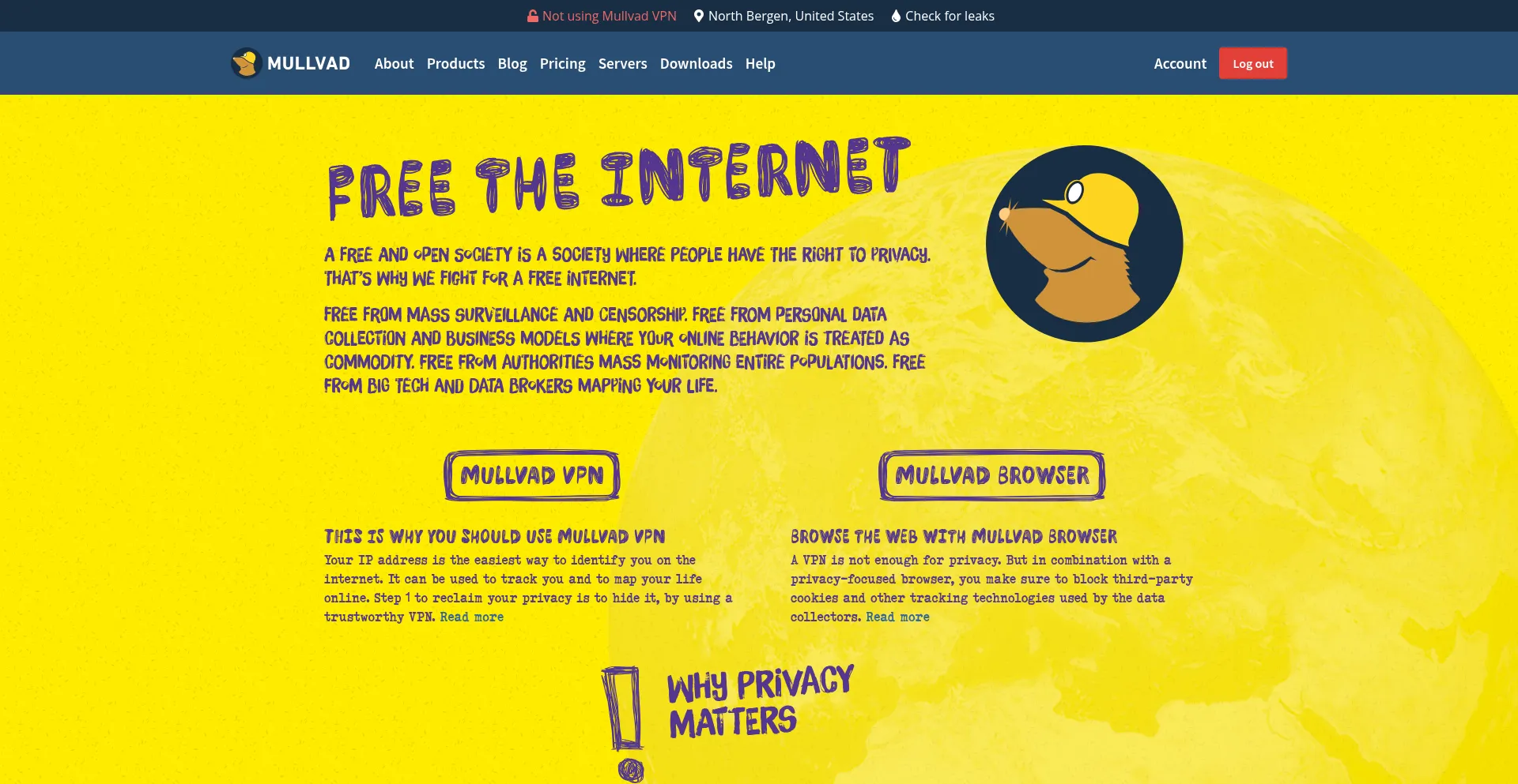 Website screenshot of Mullvad.net