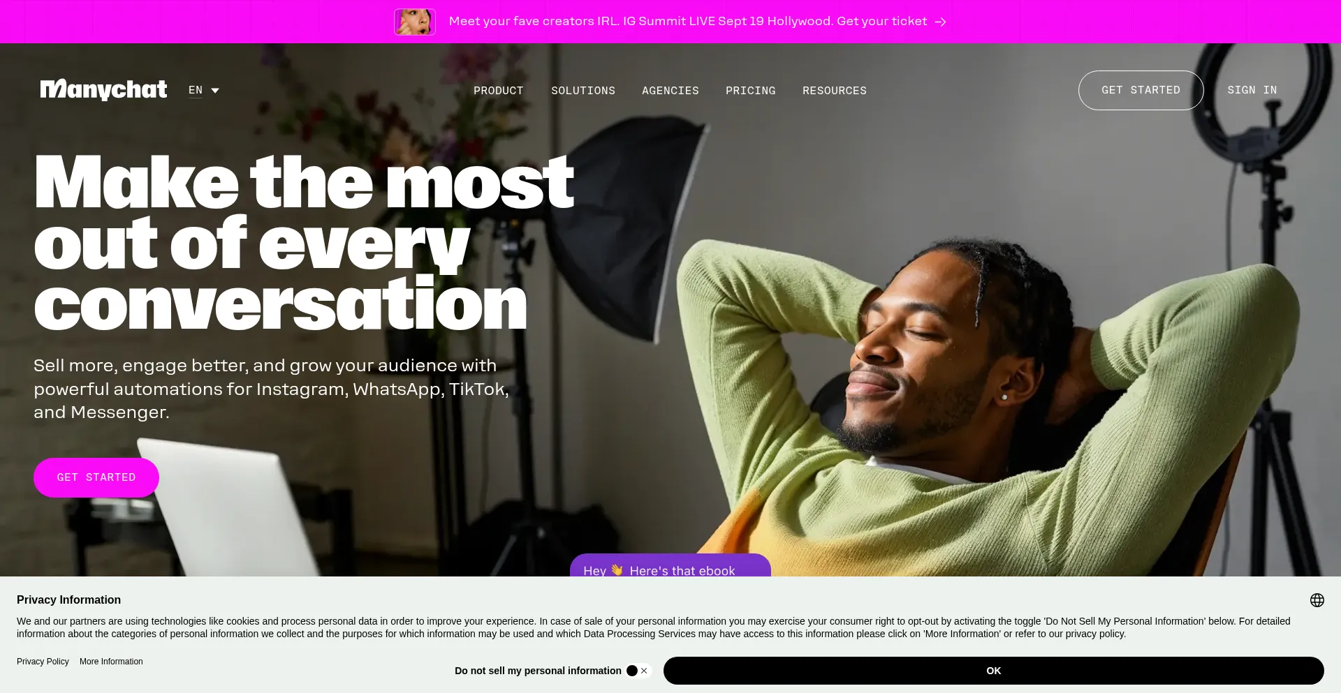 Website screenshot of My.manychat.com