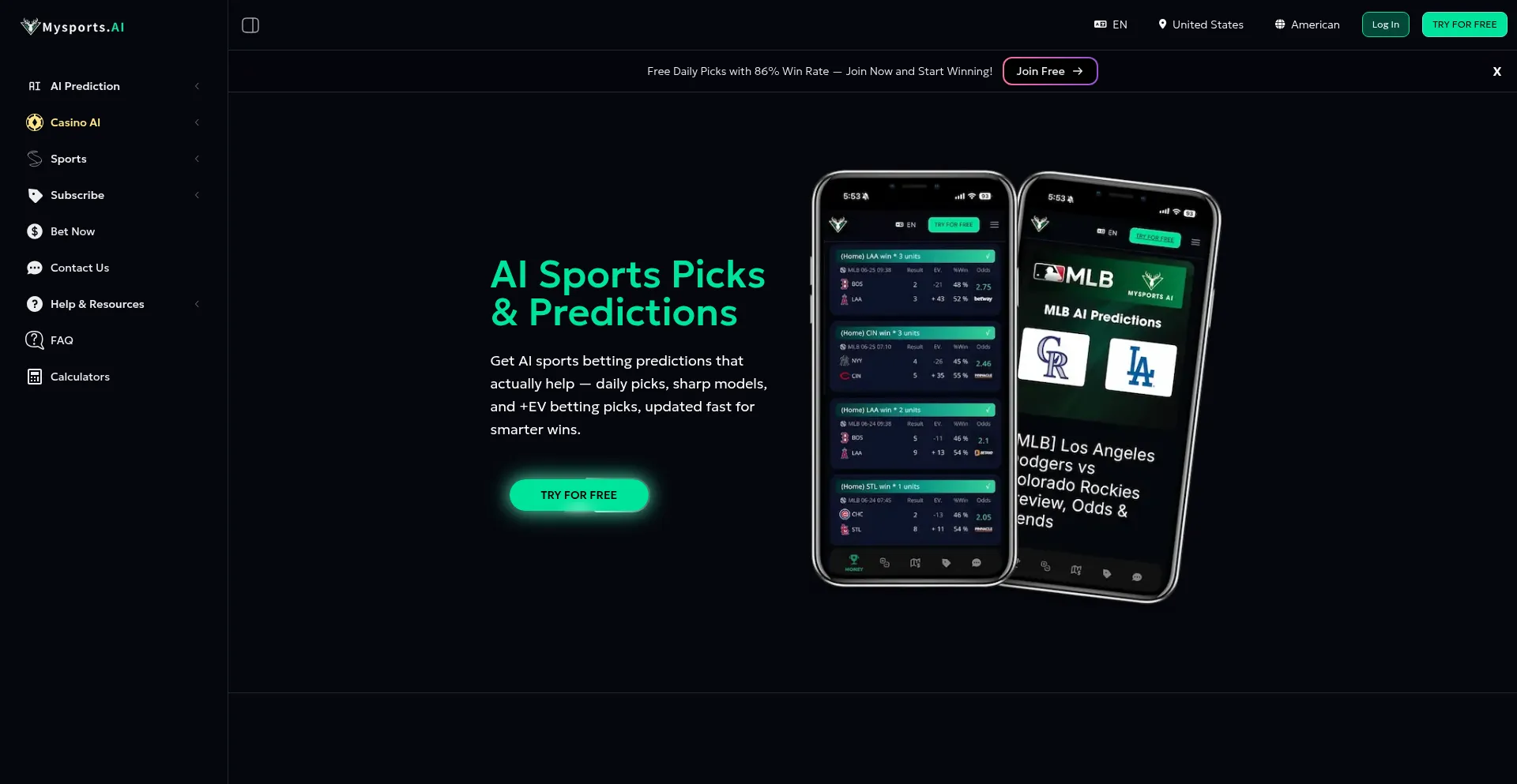 Website screenshot of Mysports.ai
