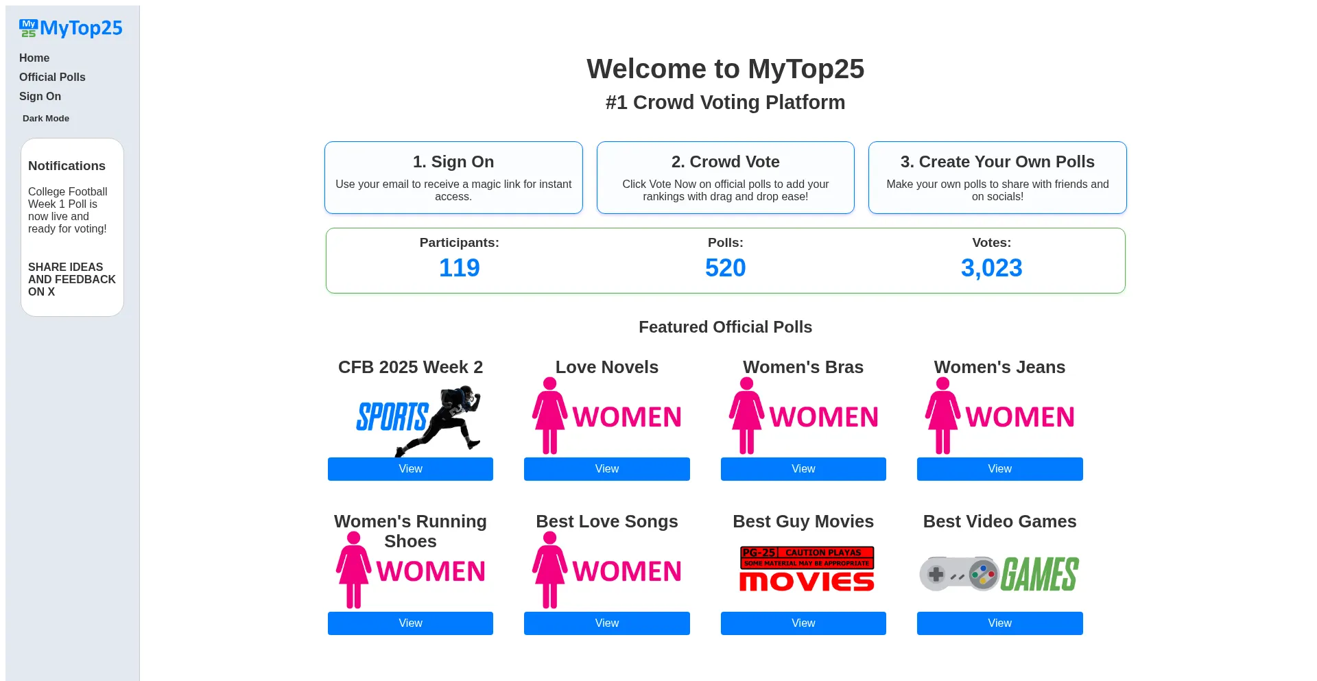 Website screenshot of Mytop25.com