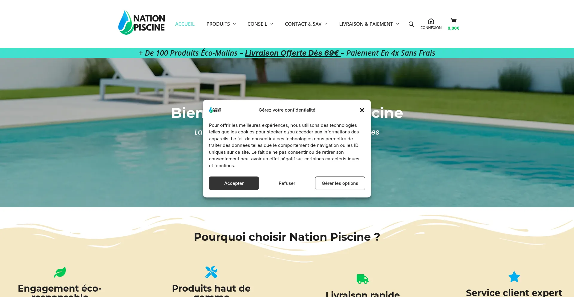 Website screenshot of Nationpiscine.com