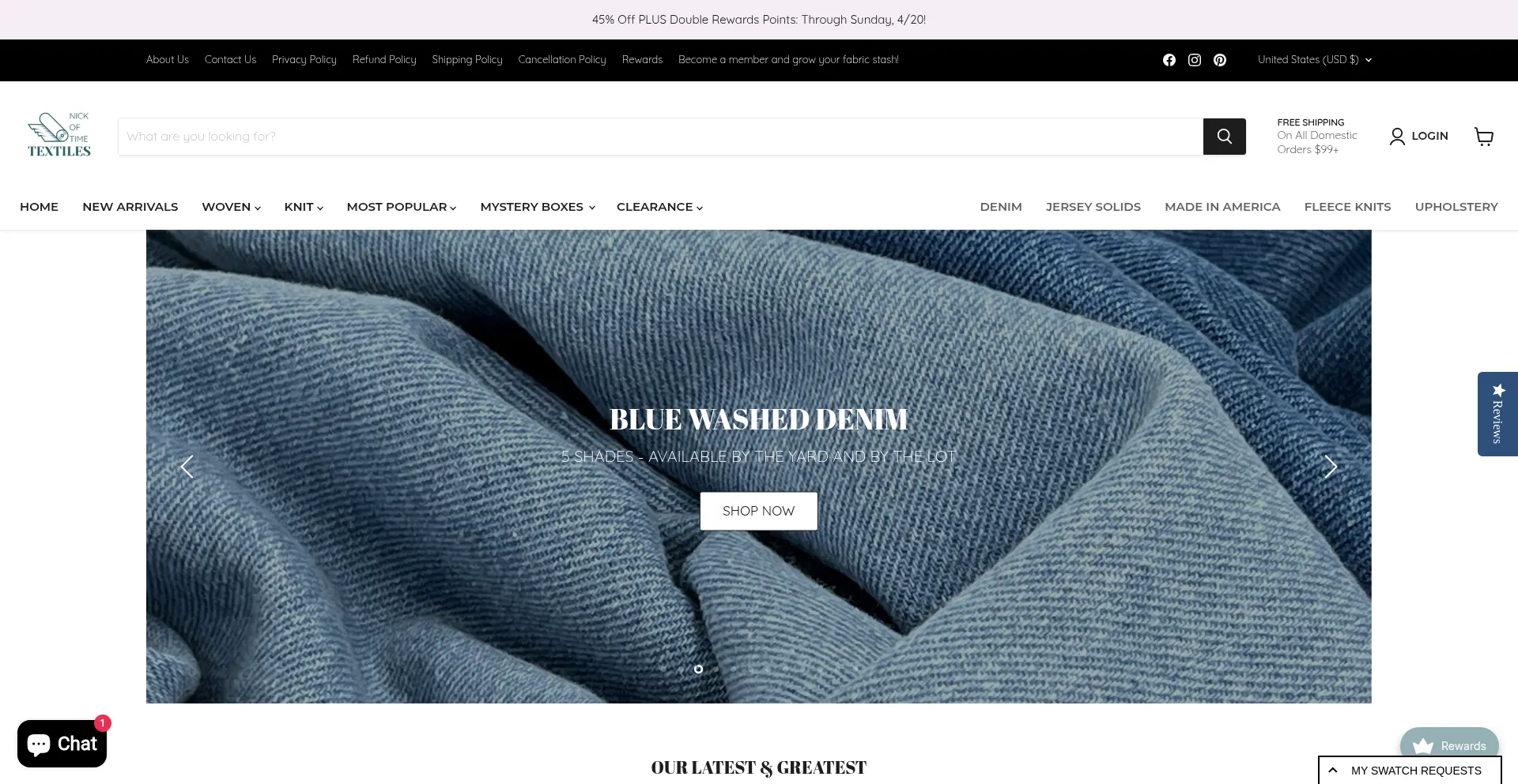 Website screenshot of Nickoftimefabric.com