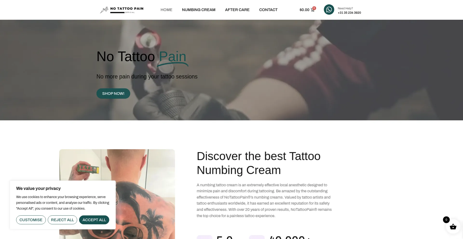 Website screenshot of Notattoopain.com