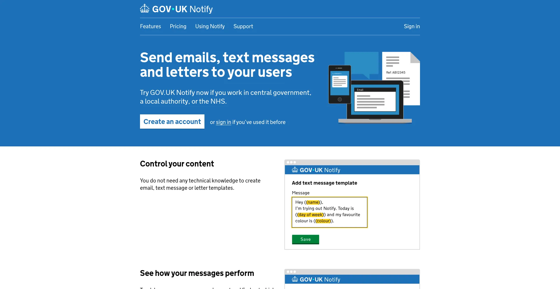 Website screenshot of Notifications.service.gov.uk