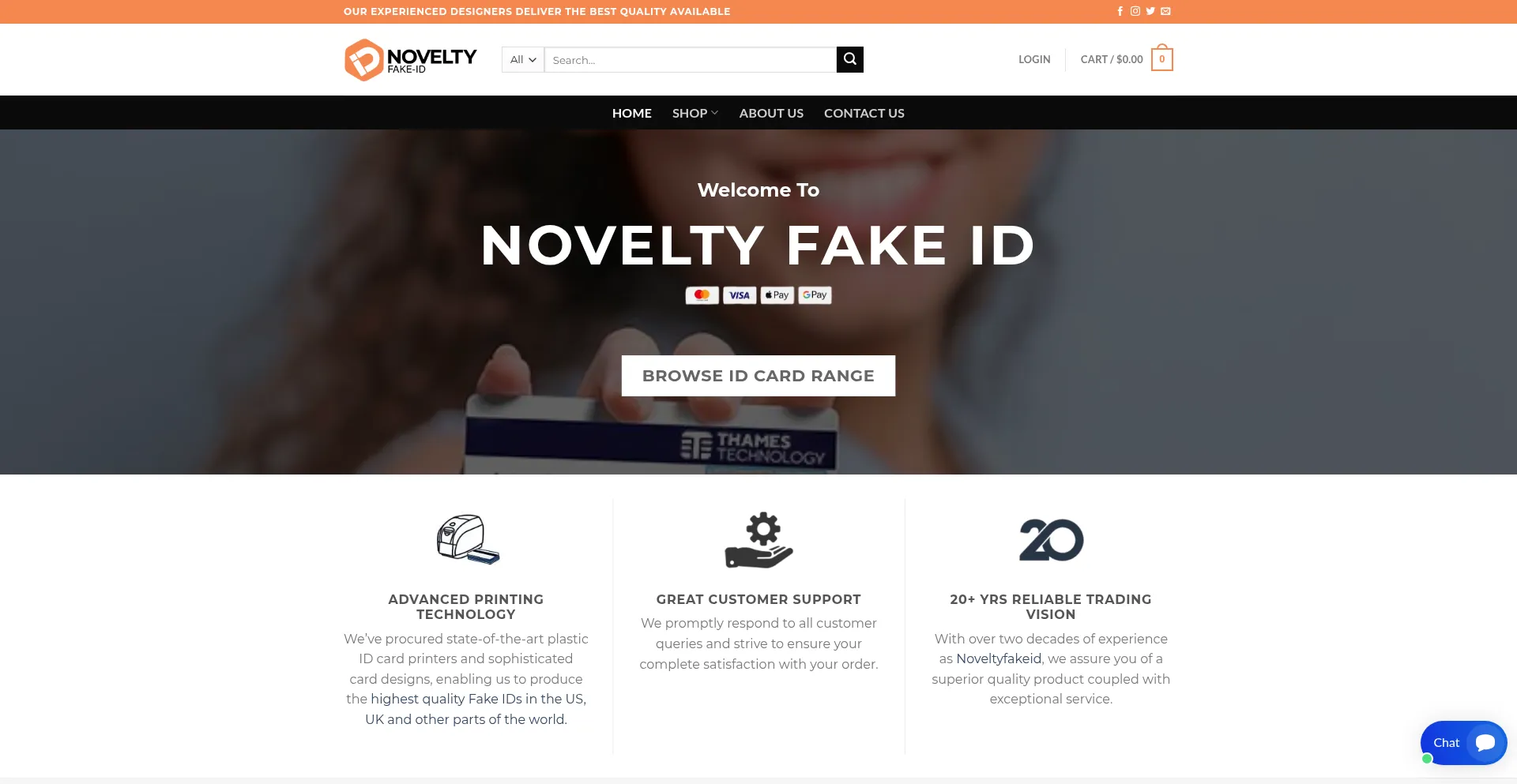 Website screenshot of Noveltyfakeid.net