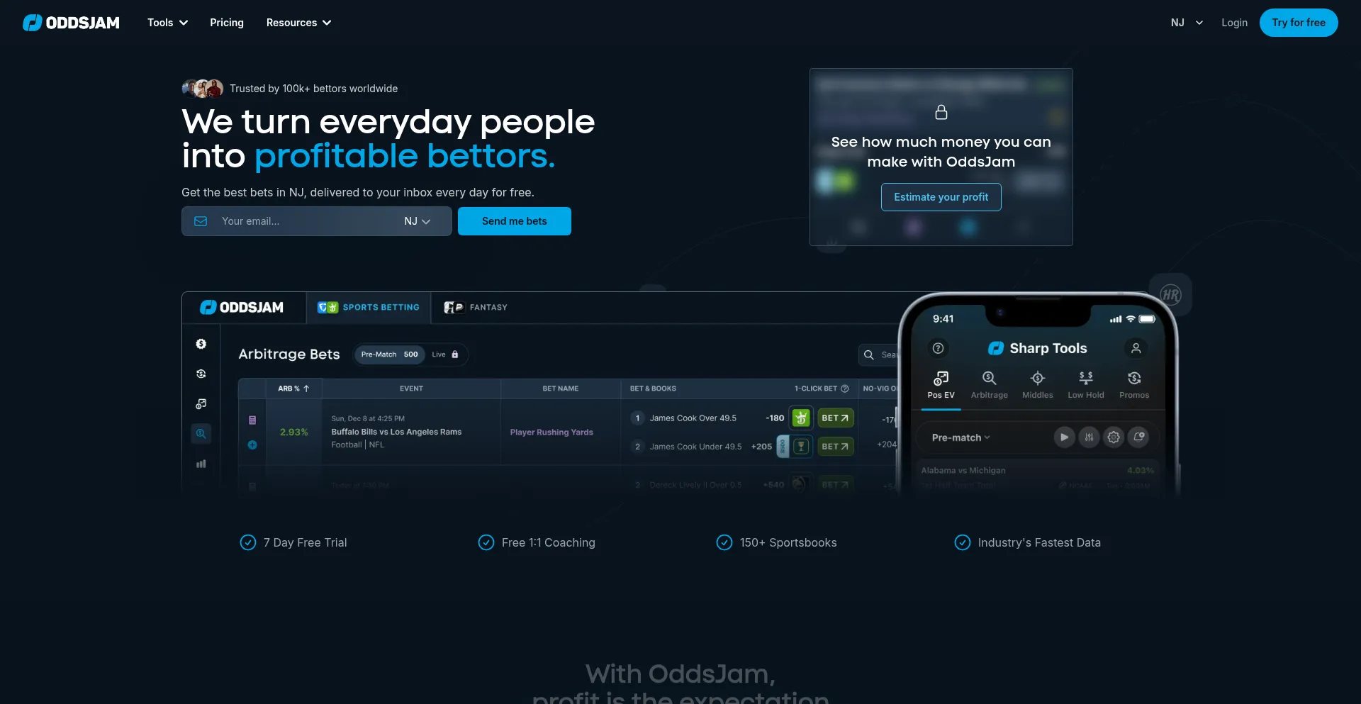 Website screenshot of Oddsjam.com