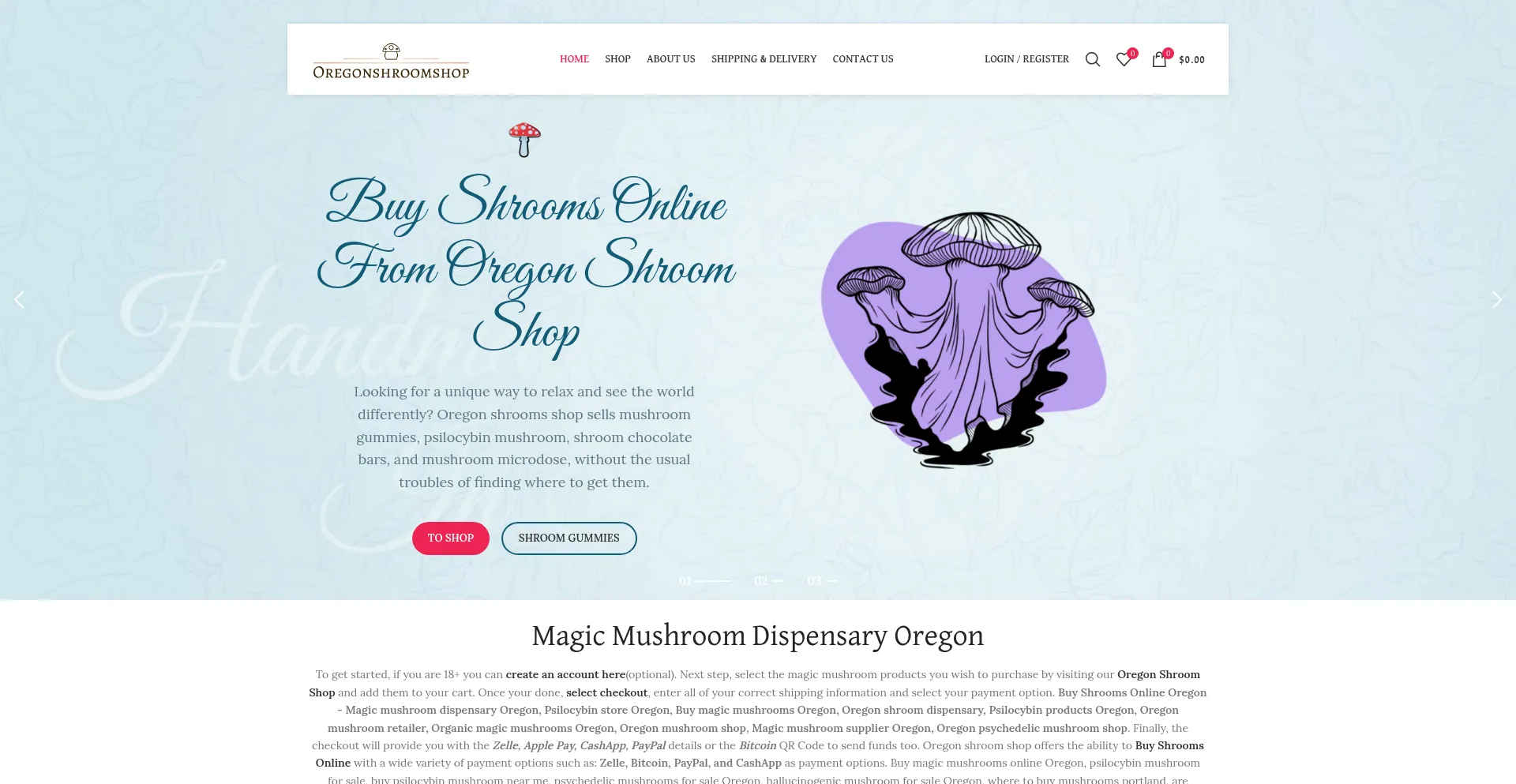 Website screenshot of Oregonshroomshop.com