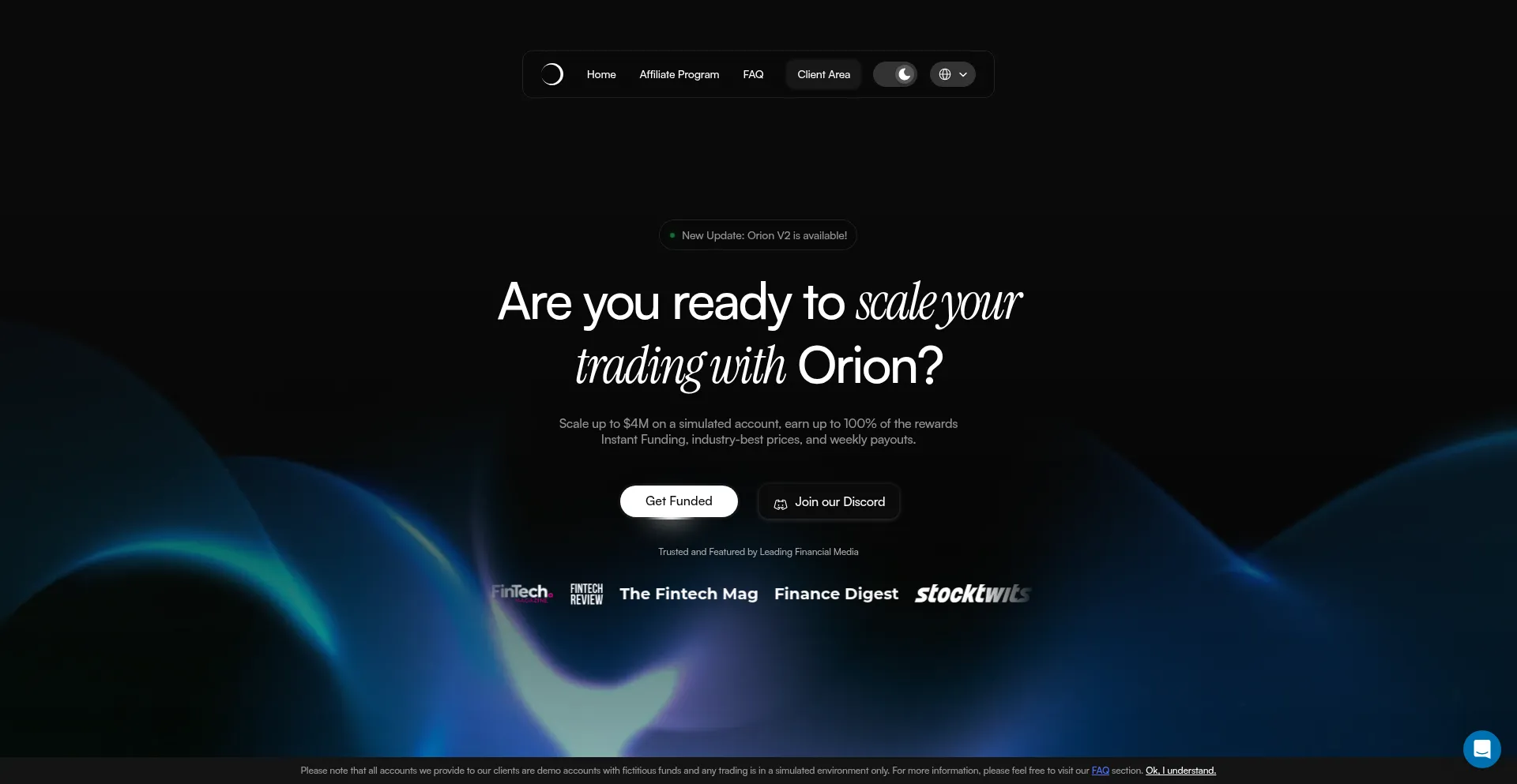 Website screenshot of Orionfunded.com