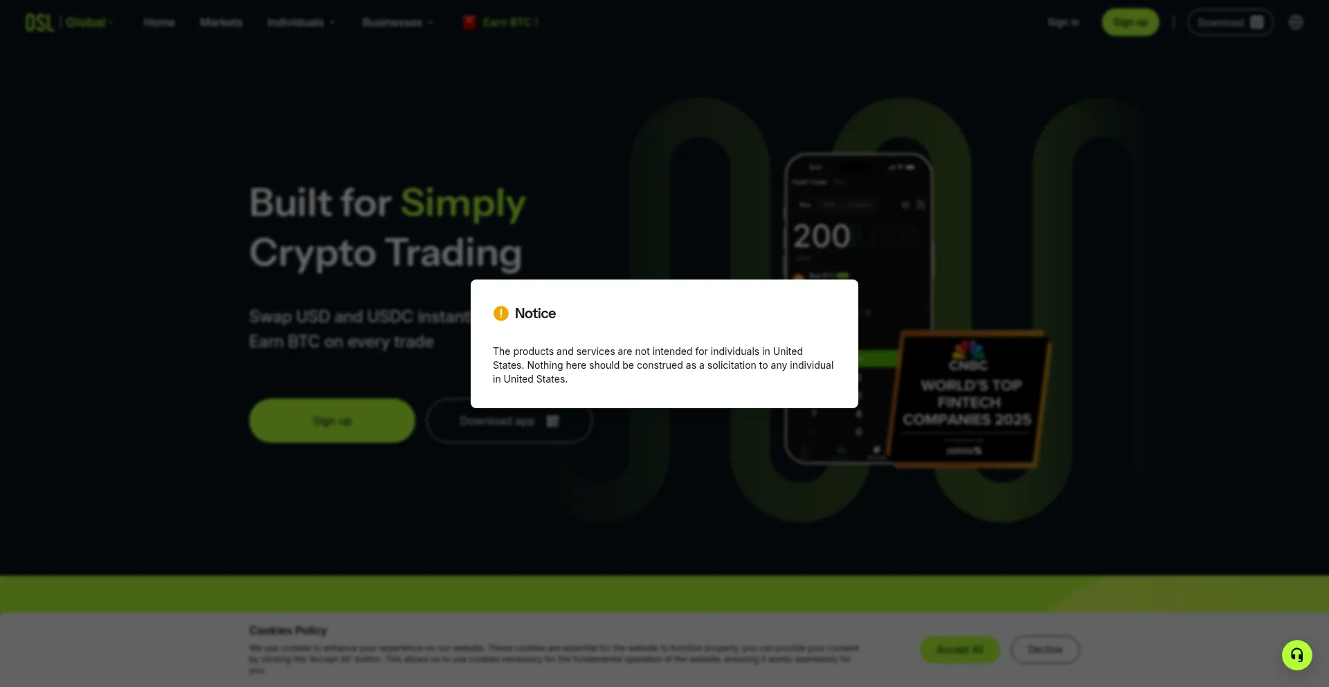 Website screenshot of Osl.com