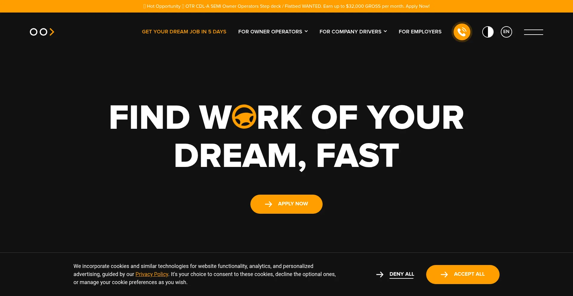 Website screenshot of Owneroperatorland.com