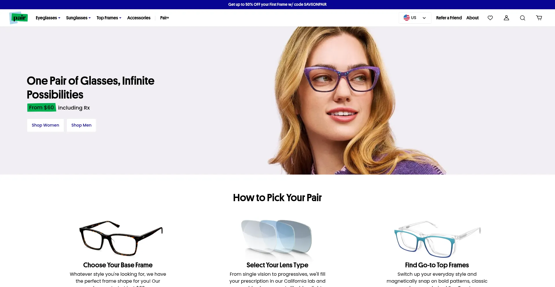 Website screenshot of Paireyewear.com