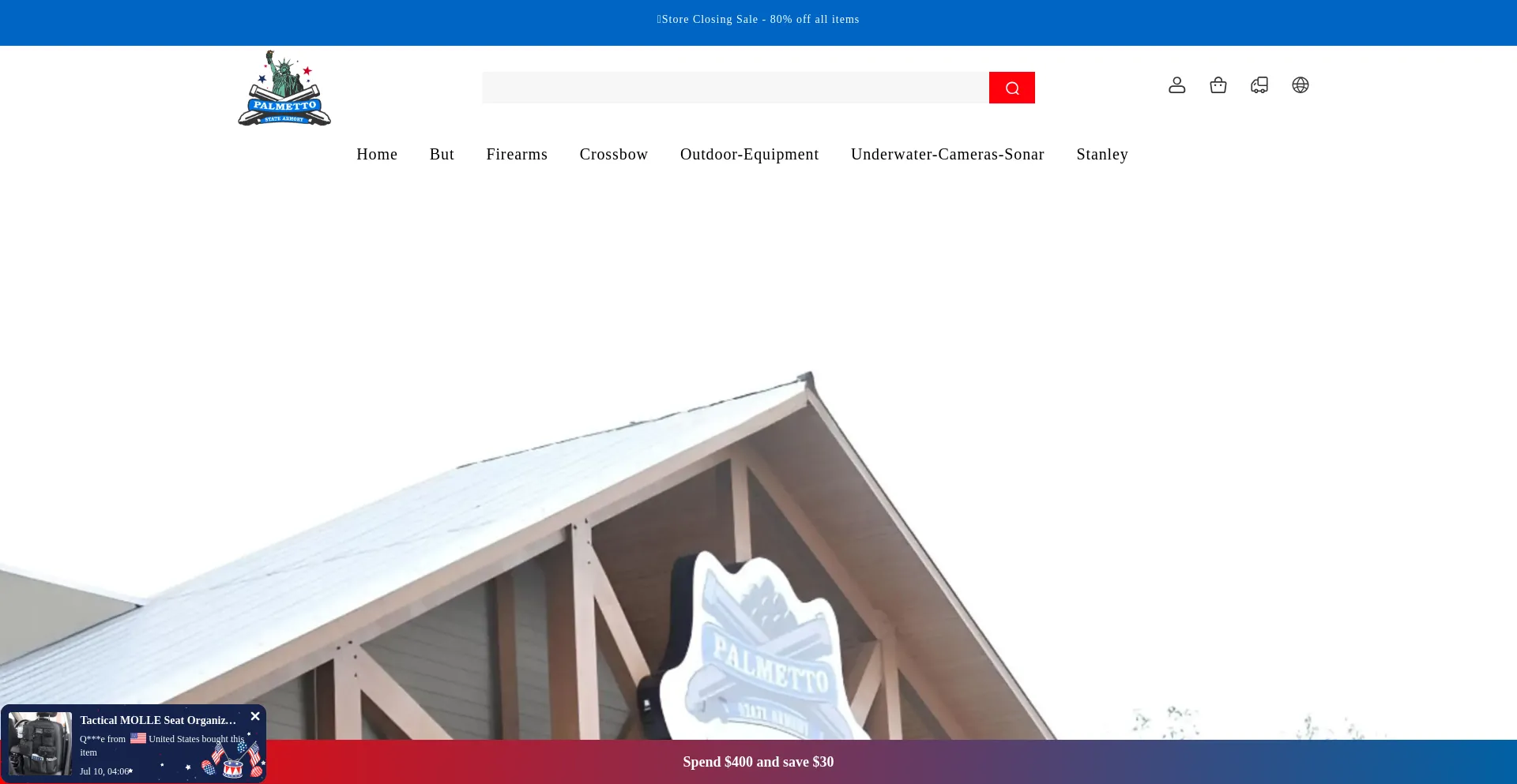 Website screenshot of Palmettostatearmorywarehouse.shop
