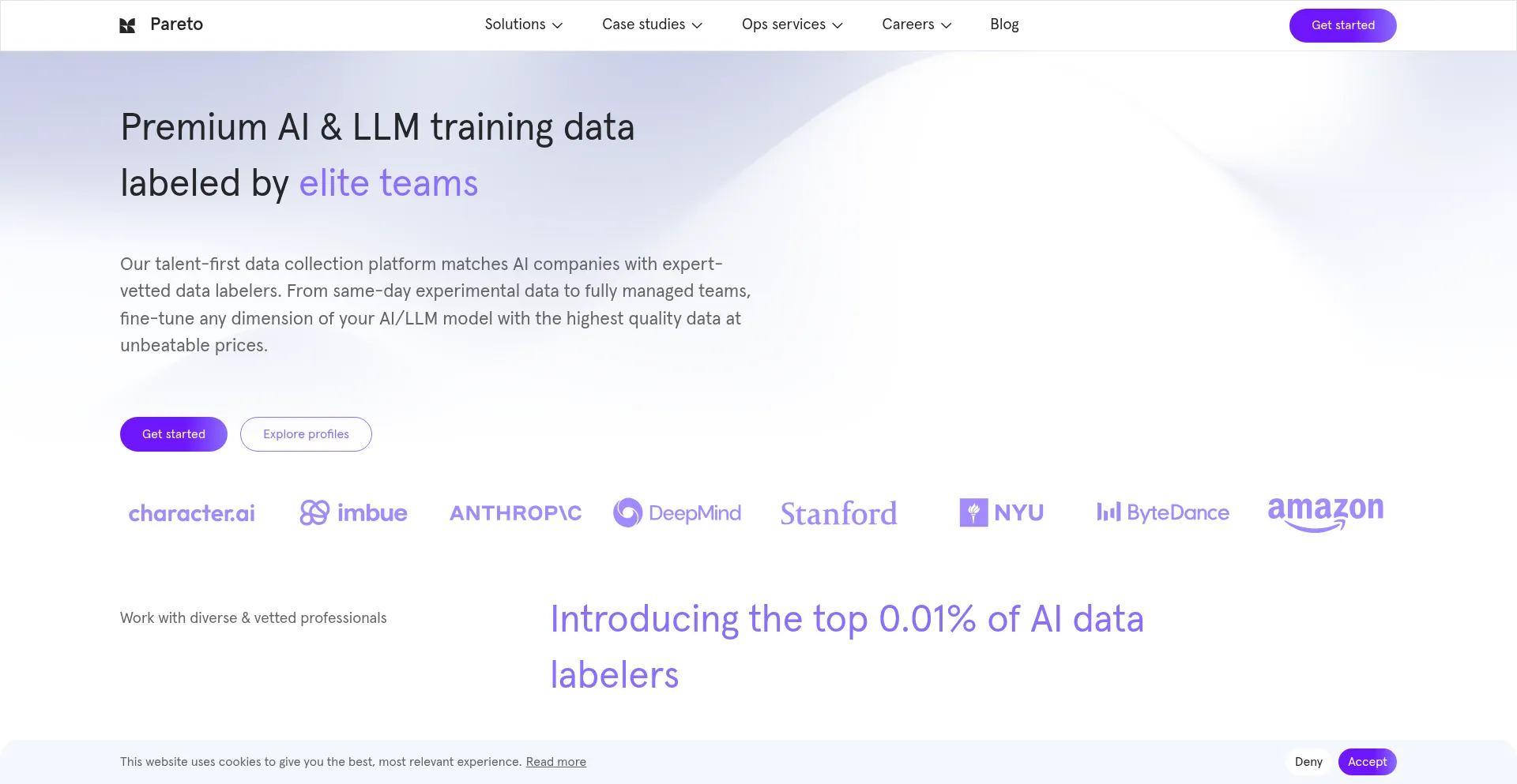 Website screenshot of Pareto.ai