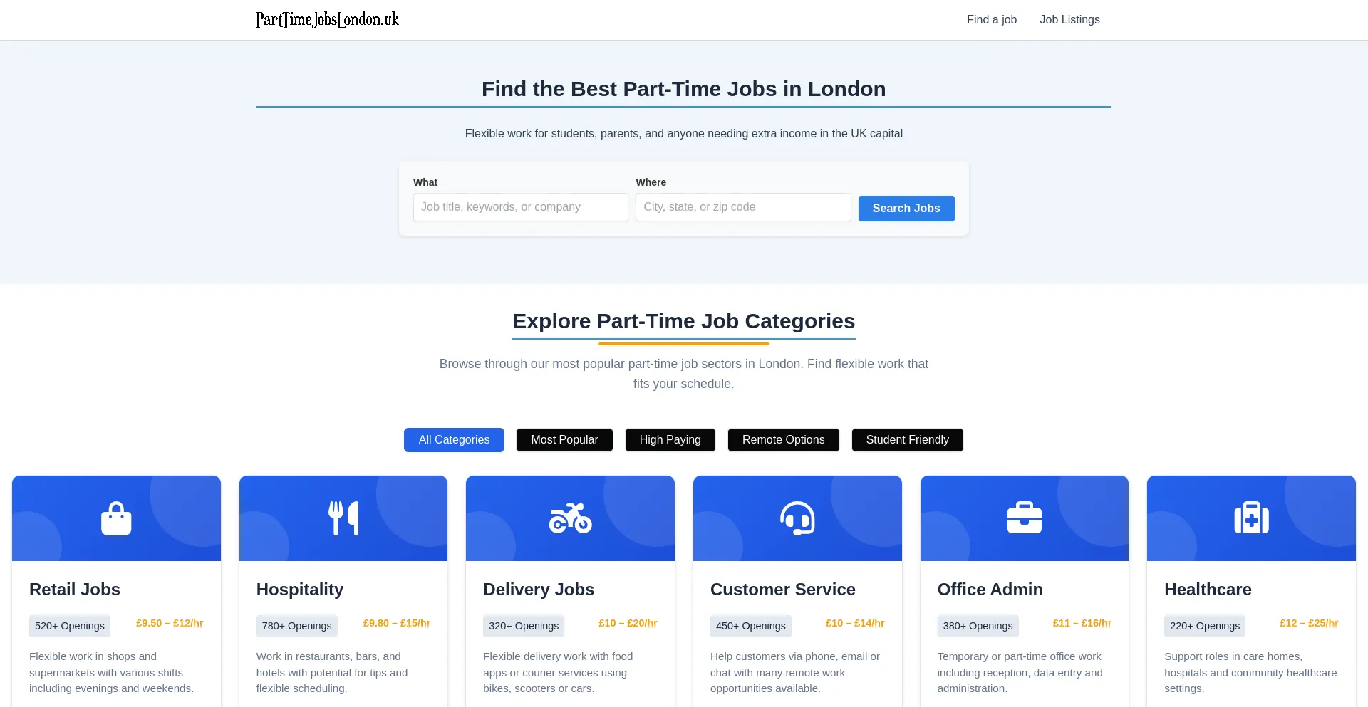 Website screenshot of Parttimejobslondon.uk