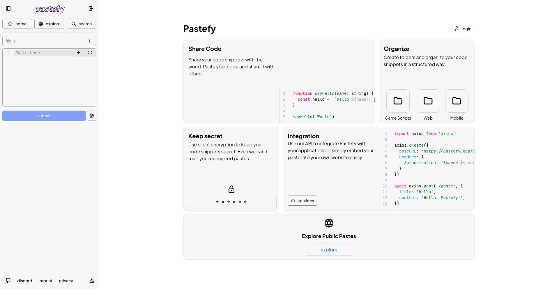 Website screenshot of Pastefy.app