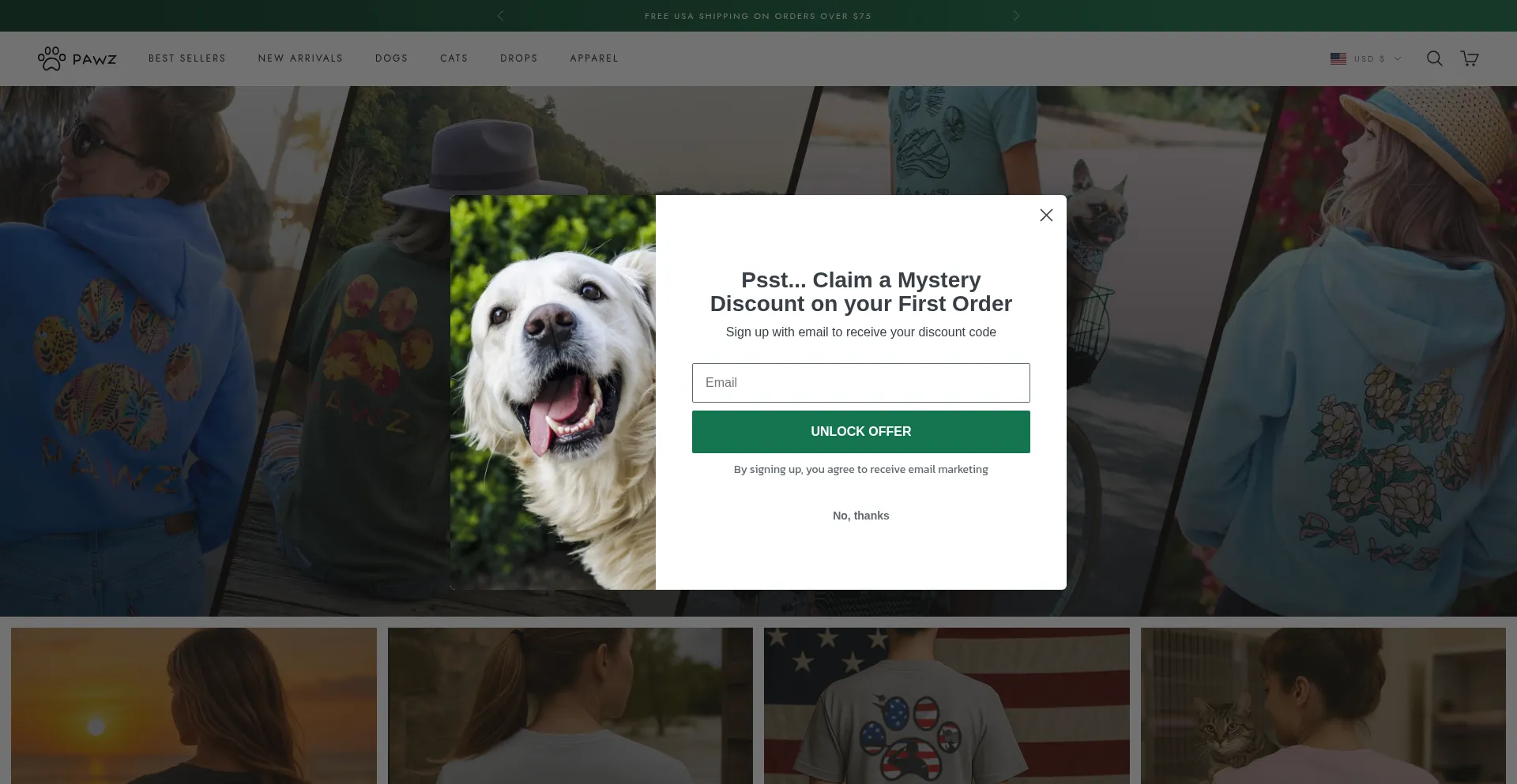 Website screenshot of Pawz.com
