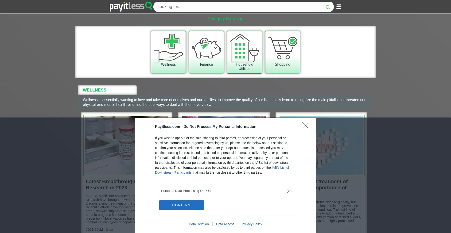 Website screenshot of Payitless.com