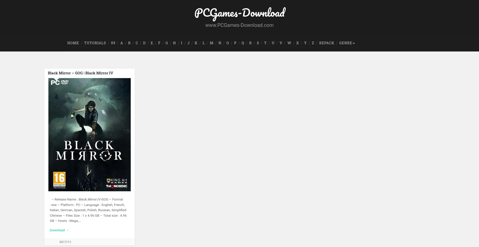 Website screenshot of Pcgamez-download.com