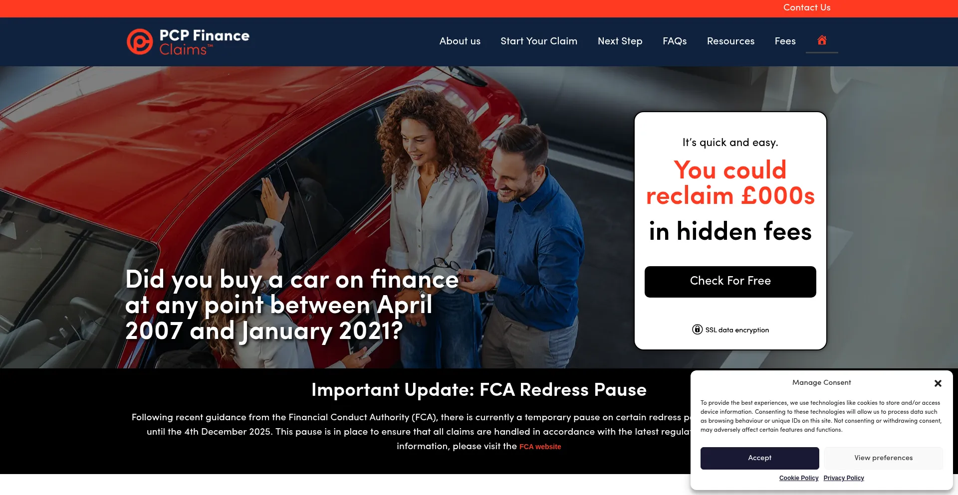 Website screenshot of Pcp-finance.claims