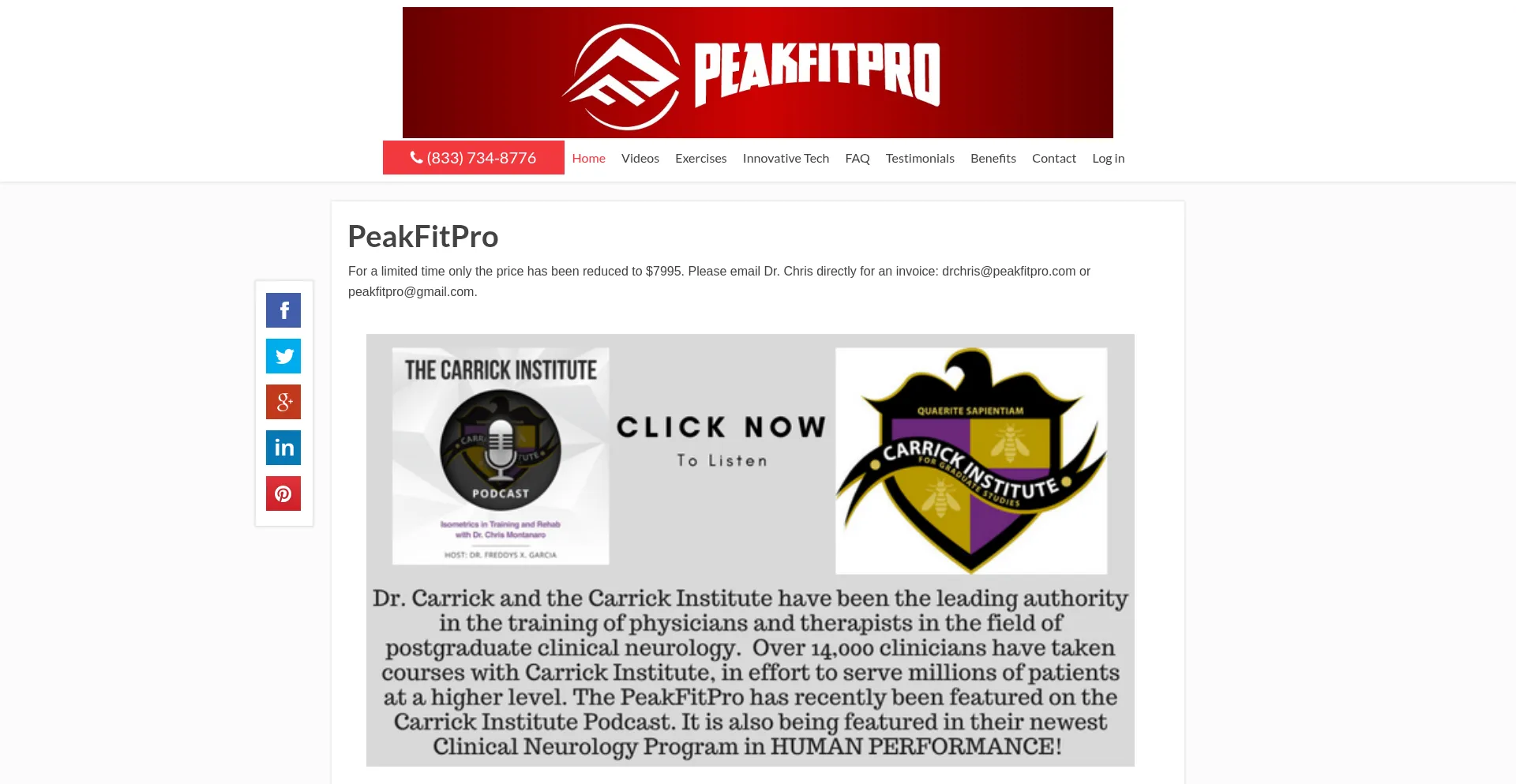 Website screenshot of Peakfitpro.com