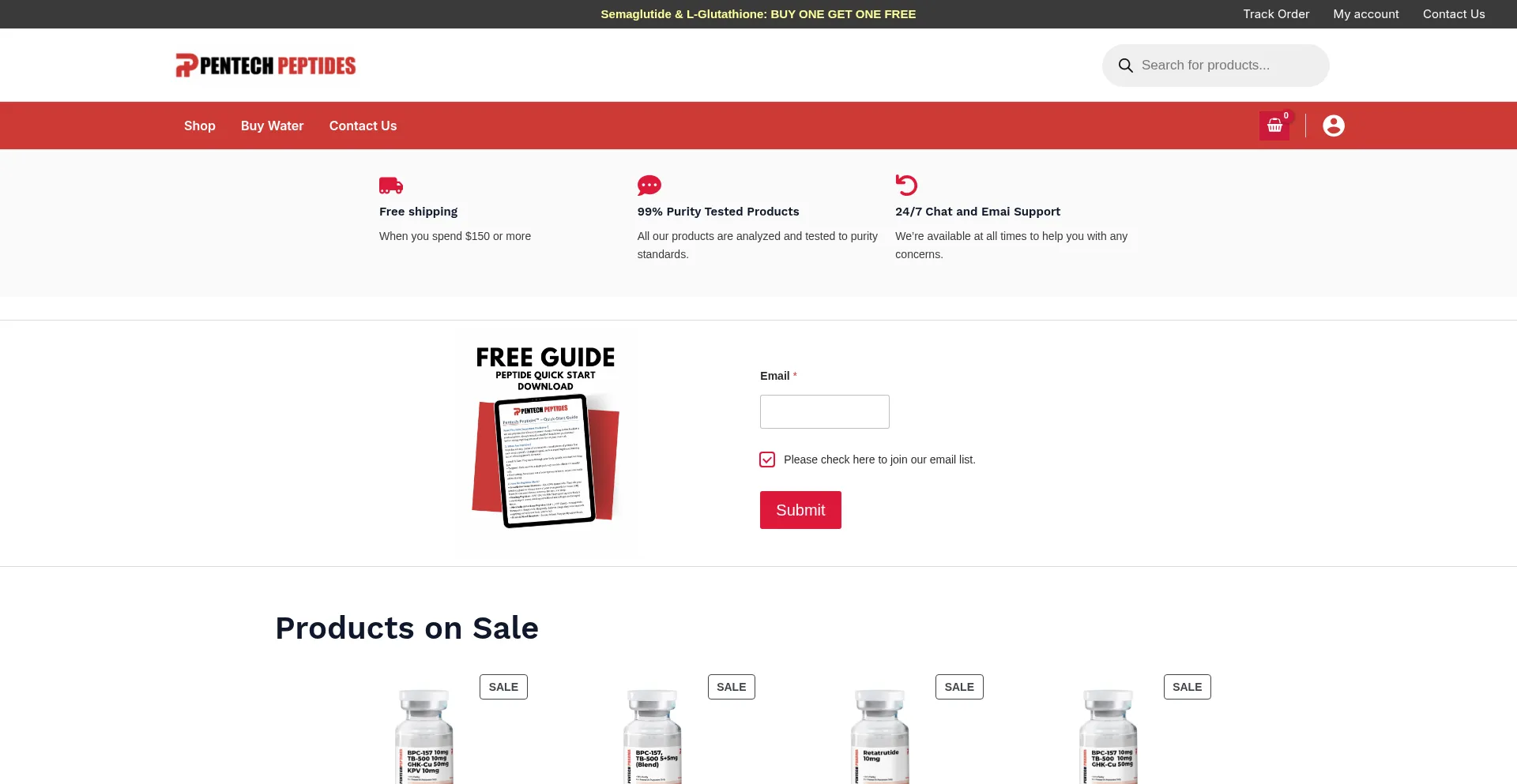 Website screenshot of Pentechpeptides.com