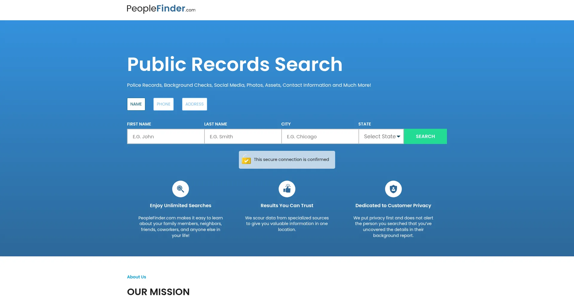 Website screenshot of Peoplefinder.com