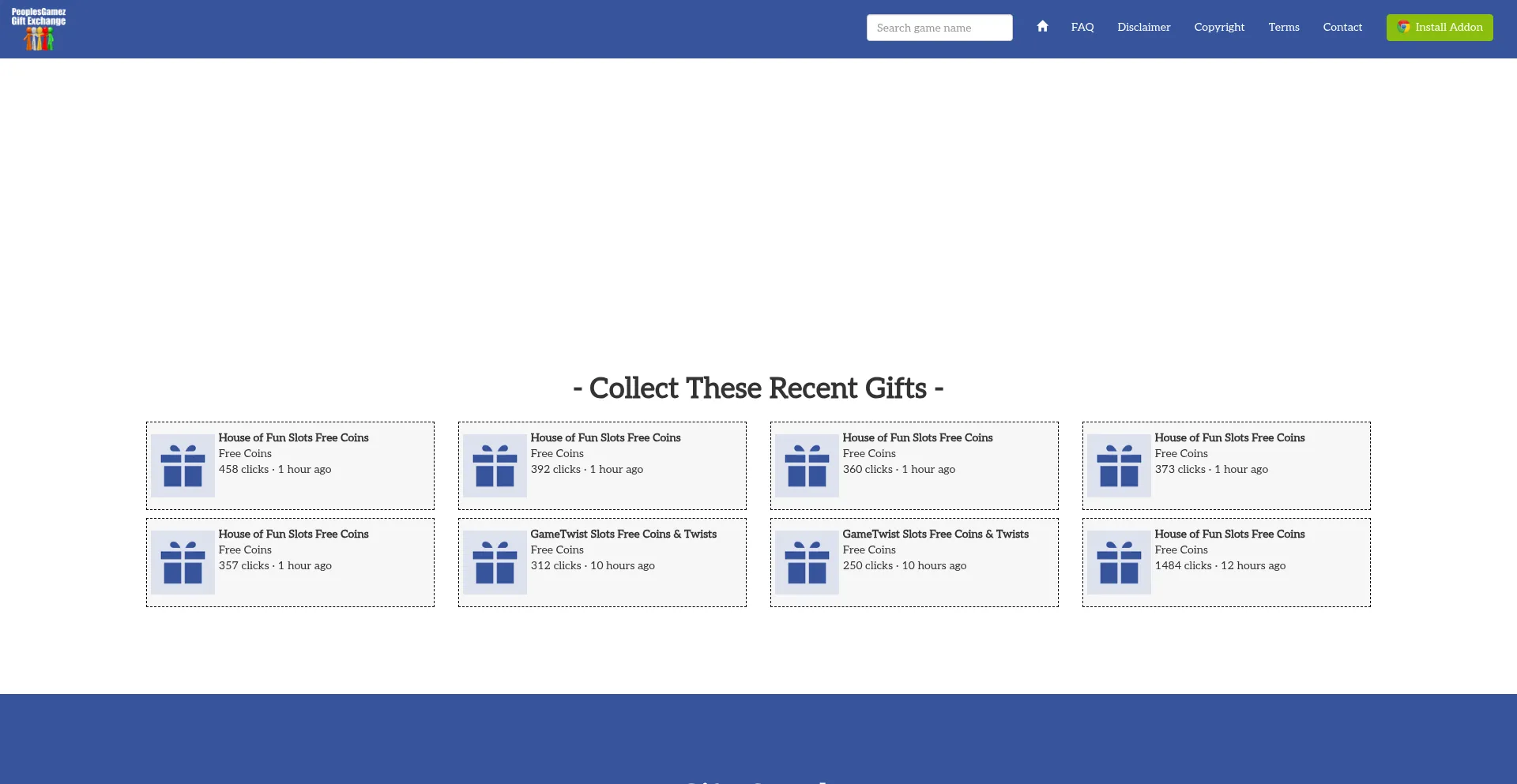 Website screenshot of Peoplesgamezgiftexchange.com