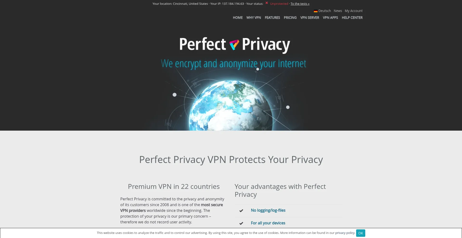 Website screenshot of Perfect-privacy.com