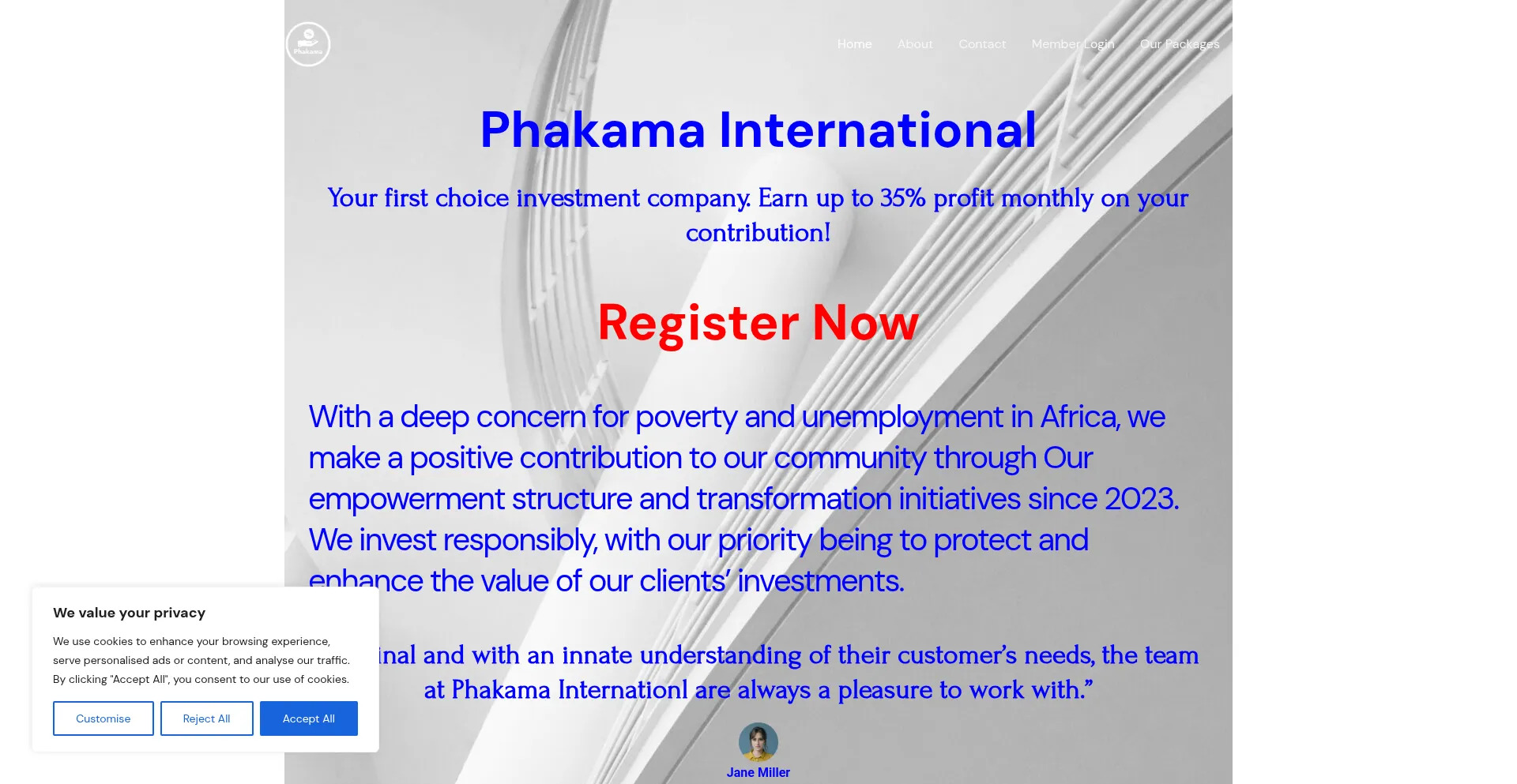 Website screenshot of Phakamainternational.com