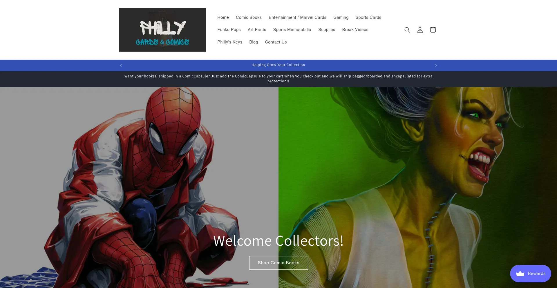 Website screenshot of Phillycardscomics.com