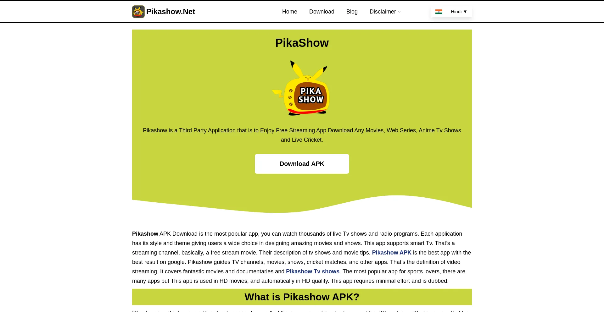 Website screenshot of Pikashowapks.net