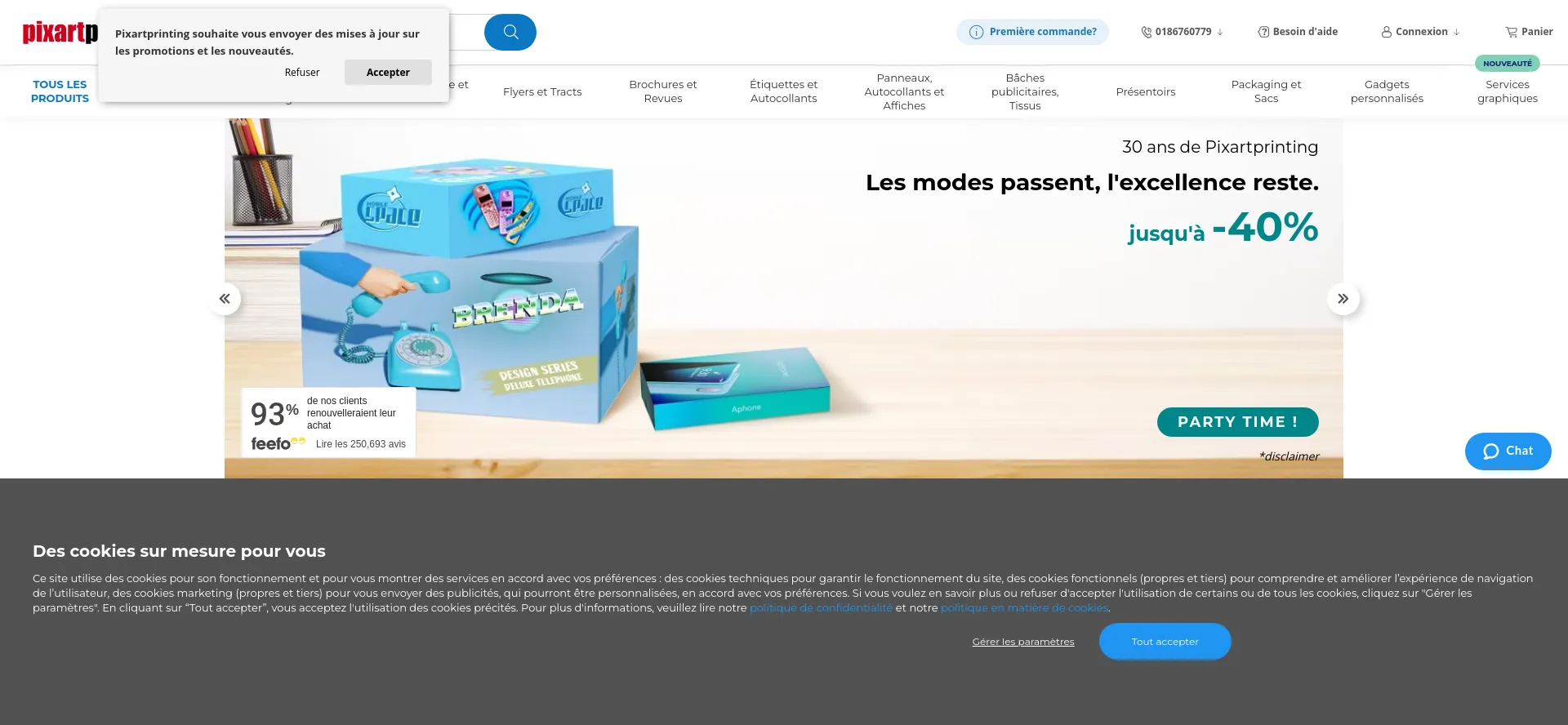 Website screenshot of Pixartprinting.fr