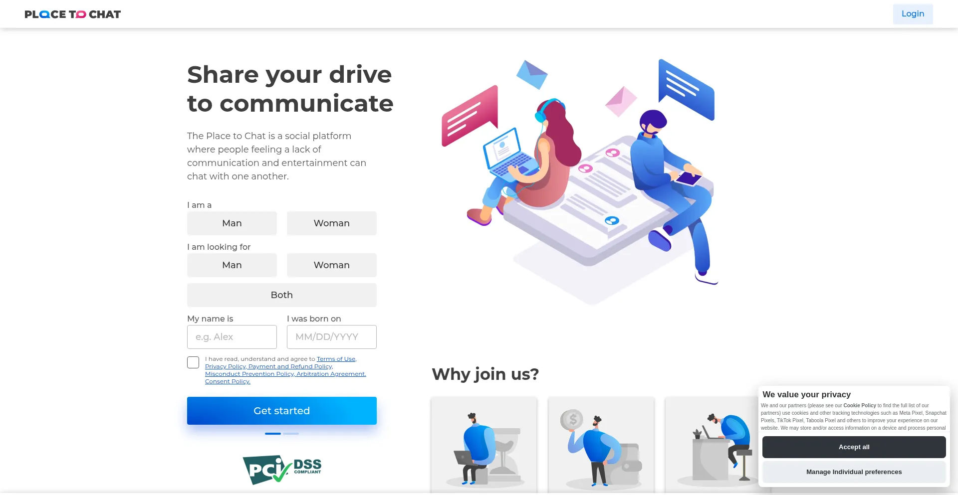 Website screenshot of Placetochat.com