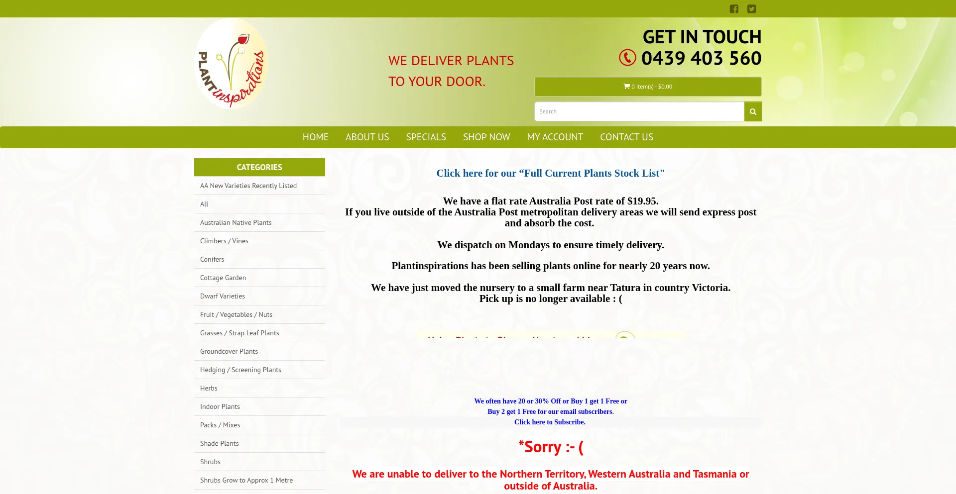 Website screenshot of Plantinspirations.com.au