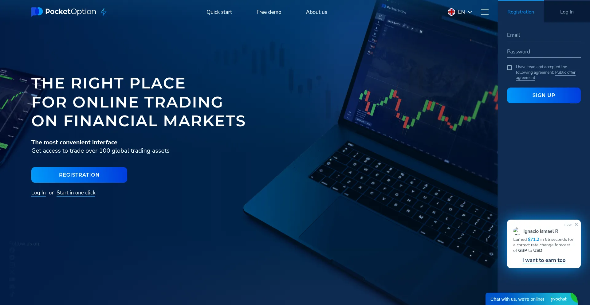Website screenshot of Pocketsoptionss.com