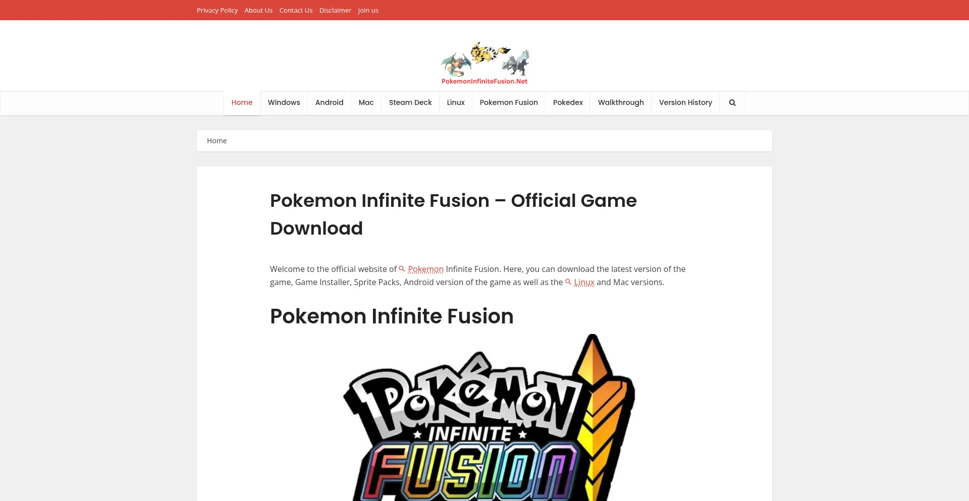 Website screenshot of Pokemoninfinitefusion.net