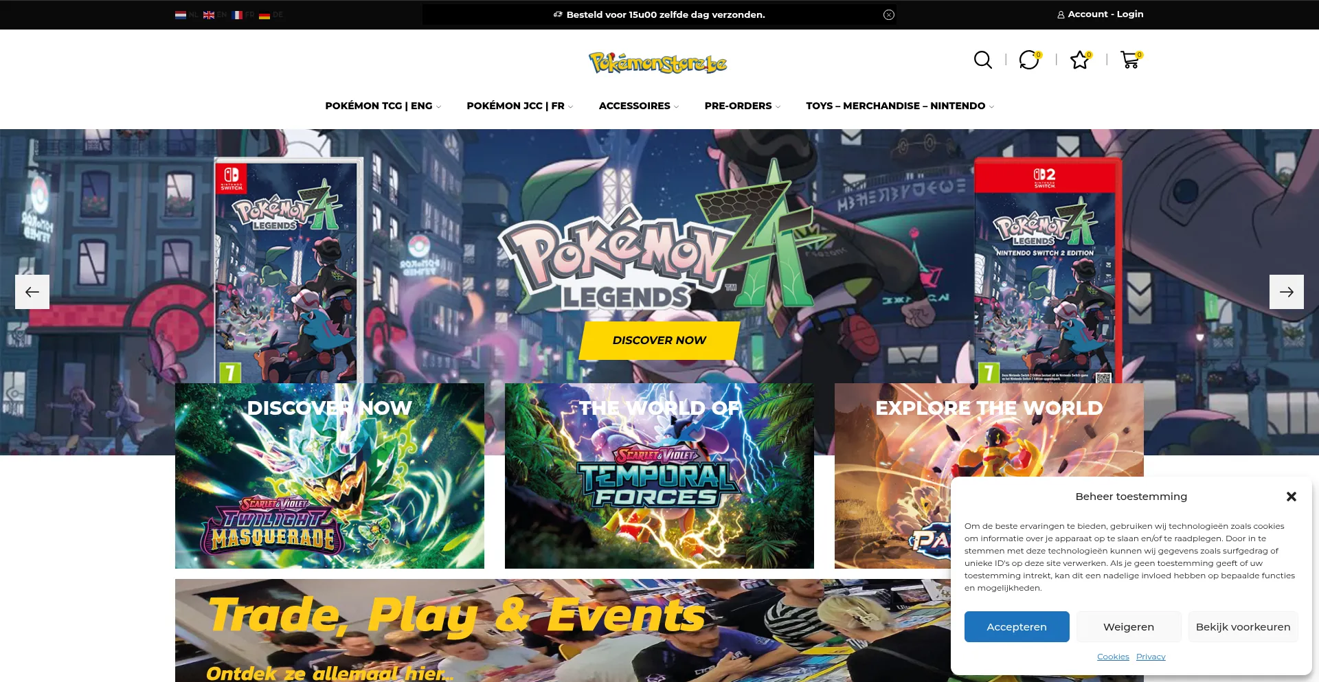 Website screenshot of Pokemonstore.be