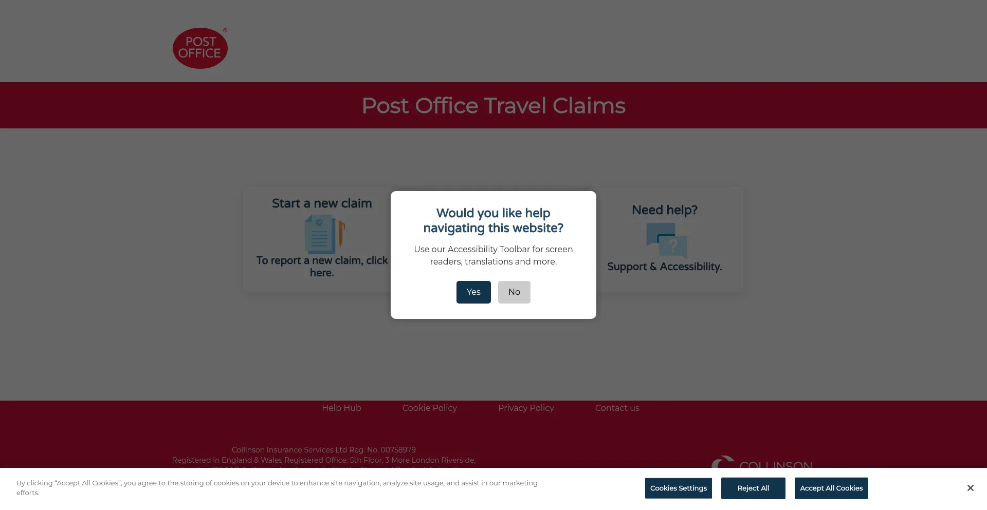 Website screenshot of Postoffice.claimhere.co.uk